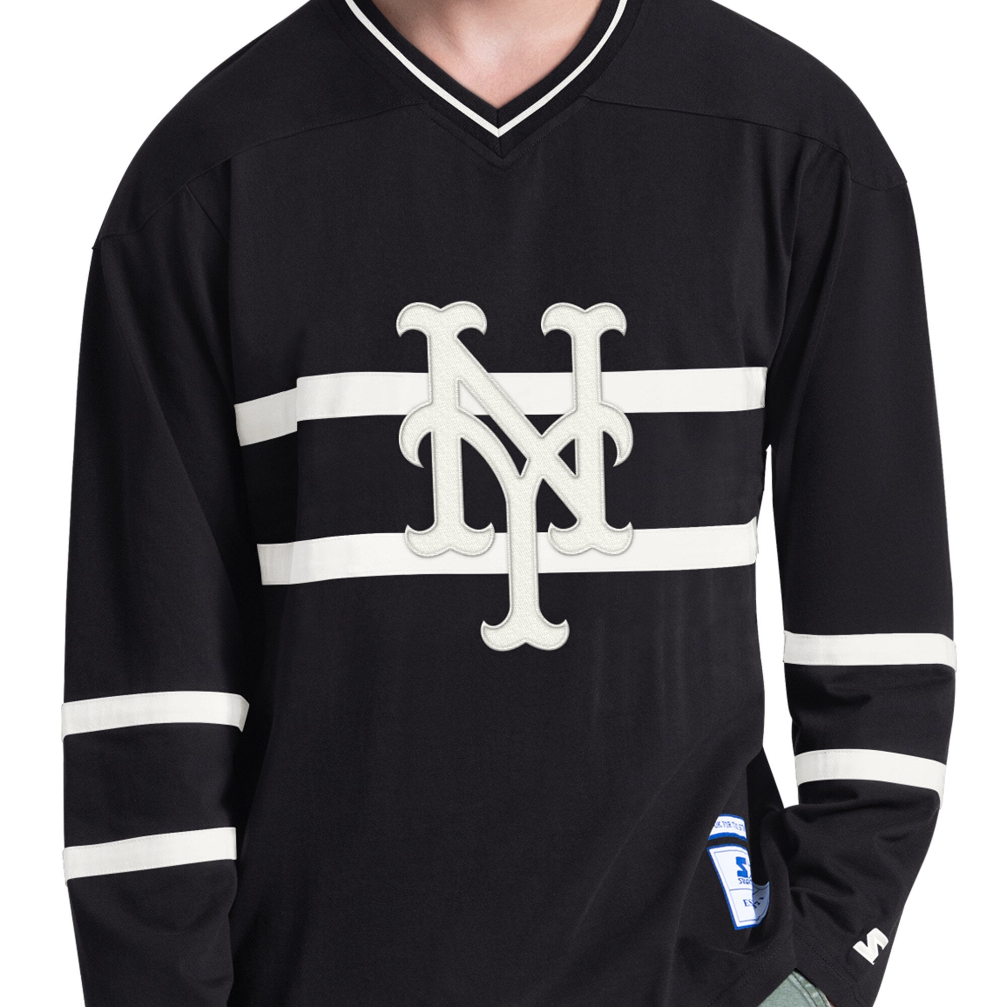 Men's Starter Black New York Mets Line Up Long Sleeve V-Neck T-Shirt