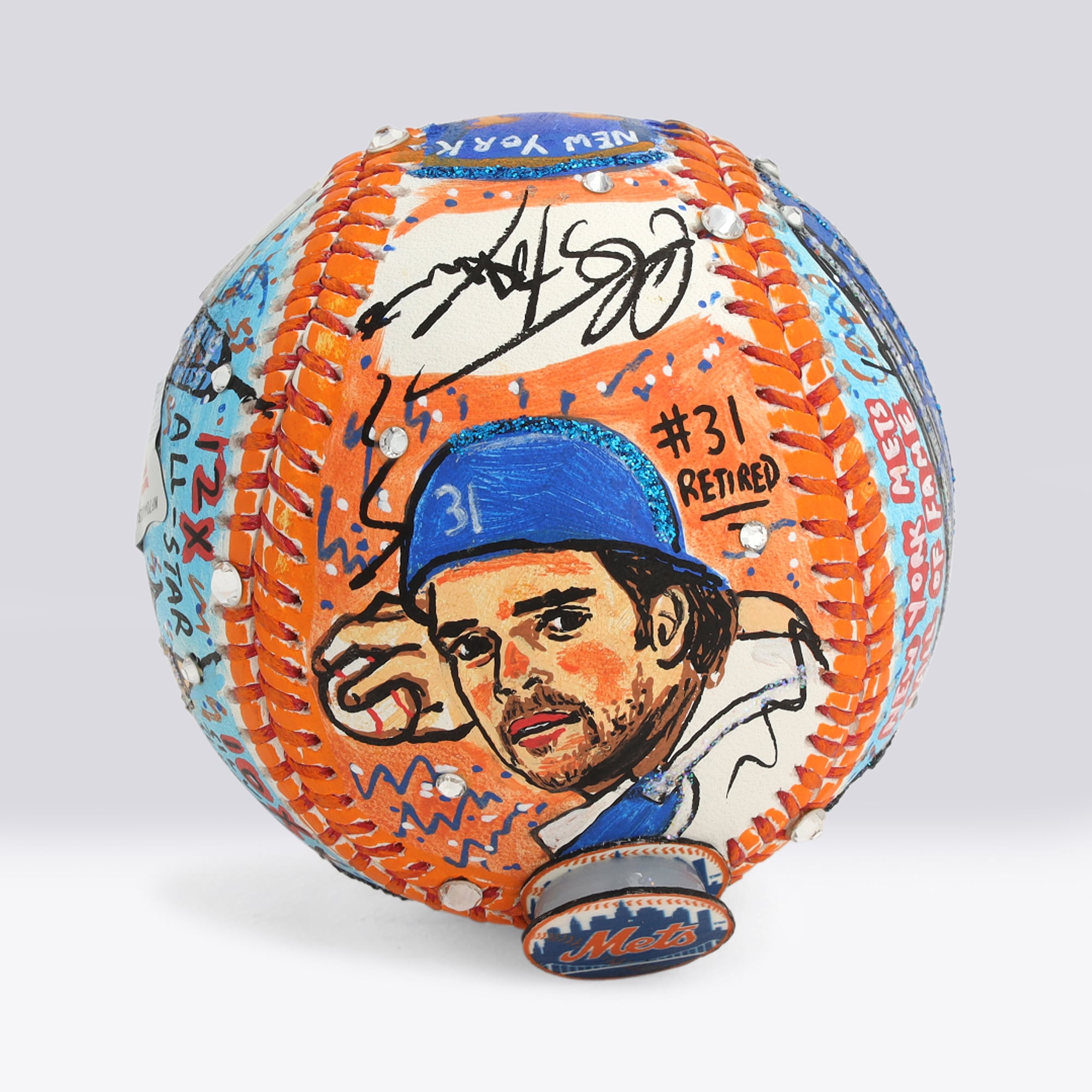 Balle de baseball autographiée par Mike Piazza (New York Mets) avec inscription « HOF 2016 » - Illustration de Charles Fazzino - NF70446034