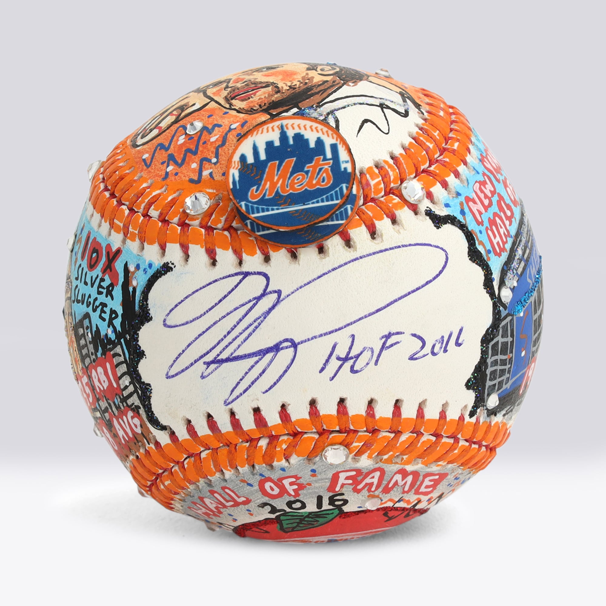 Balle de baseball autographiée par Mike Piazza (New York Mets) avec inscription « HOF 2016 » - Illustration de Charles Fazzino - NF70446034