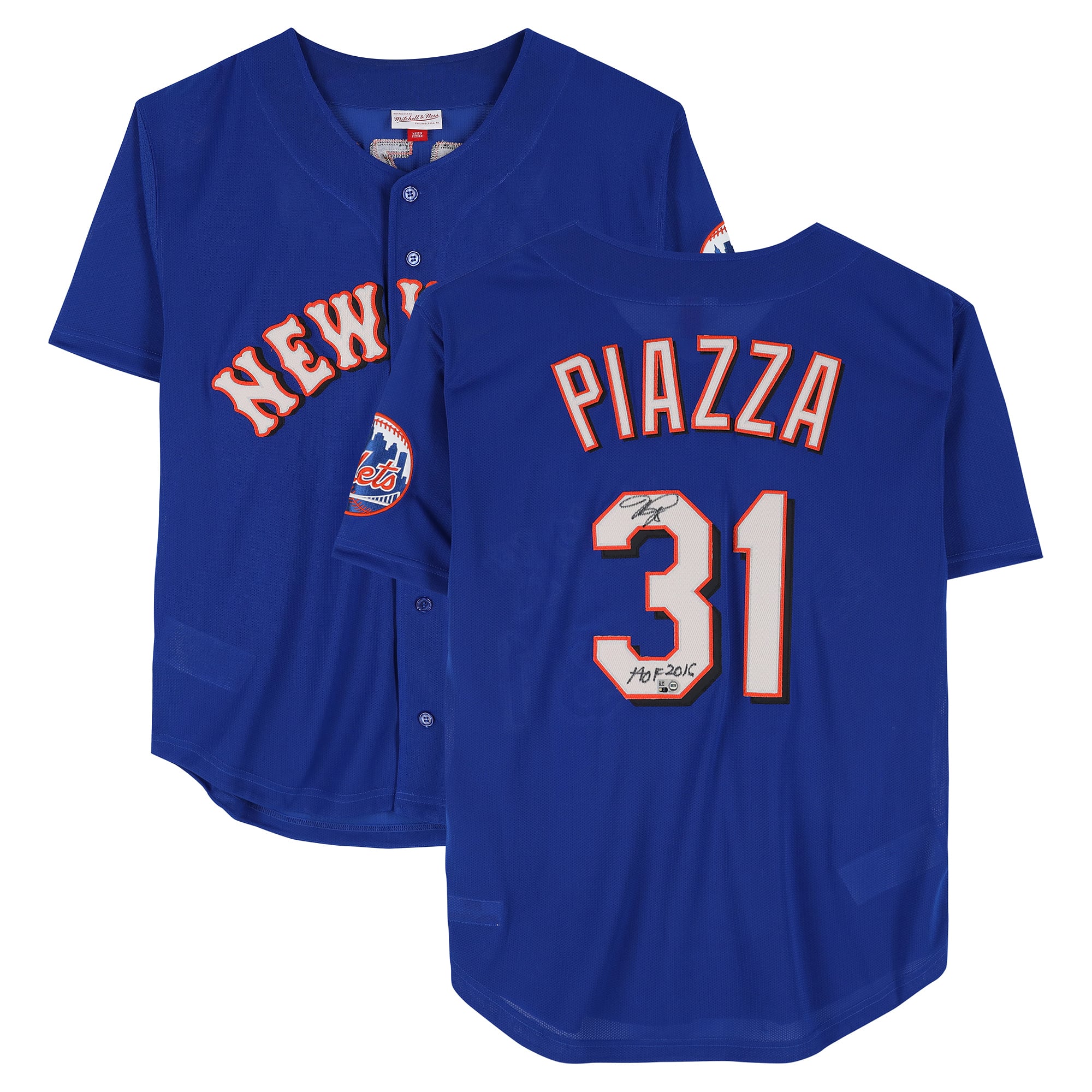 Maillot réplique bleu d'entraînement au bâton Mitchell & Ness autographié par Mike Piazza des Mets de New York, avec inscription « HOF 2016 ».