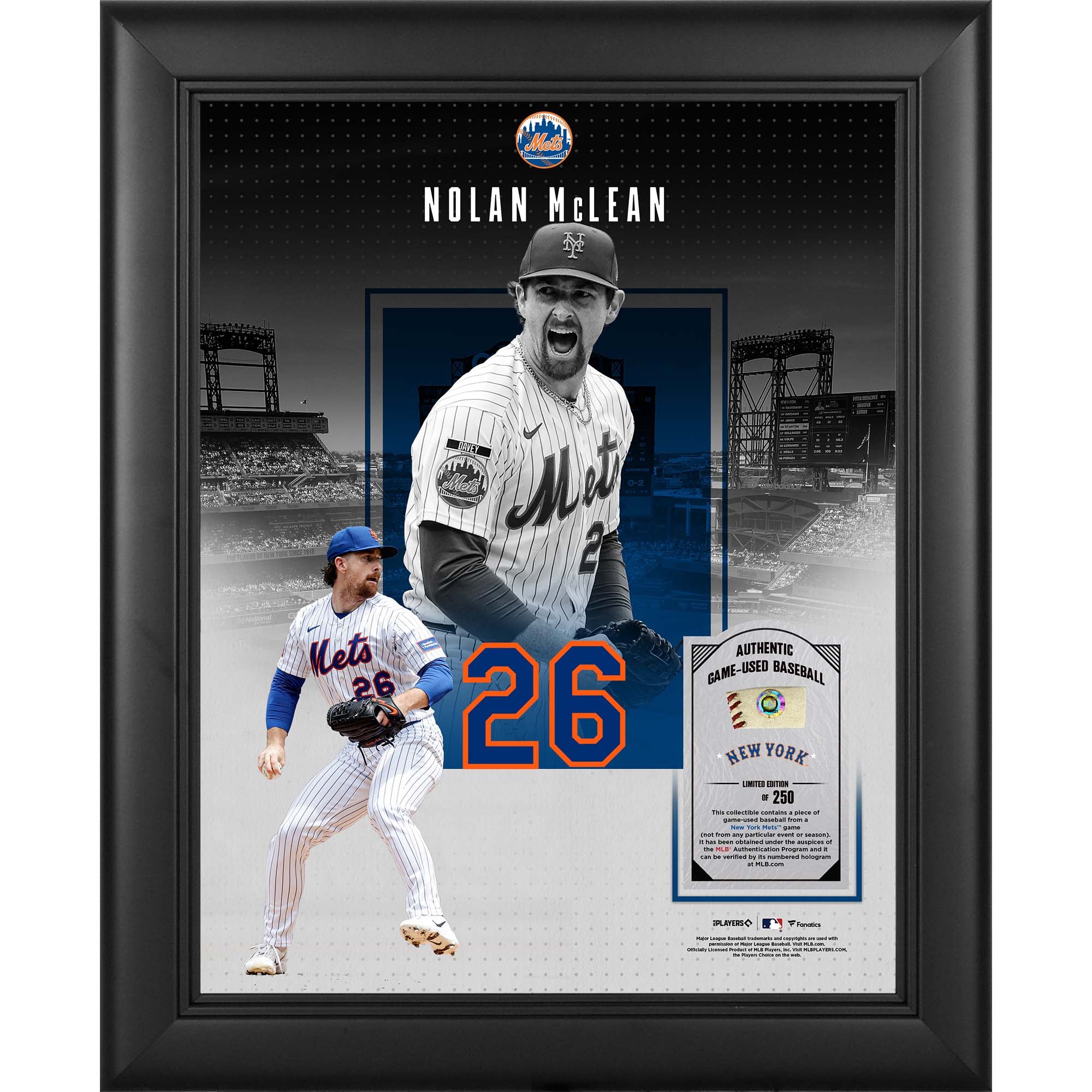 Collage encadré 11" x 14" de Nolan McLean, représentant les Mets de New York, avec un morceau de balle utilisée en match - Édition limitée à 250 exemplaires