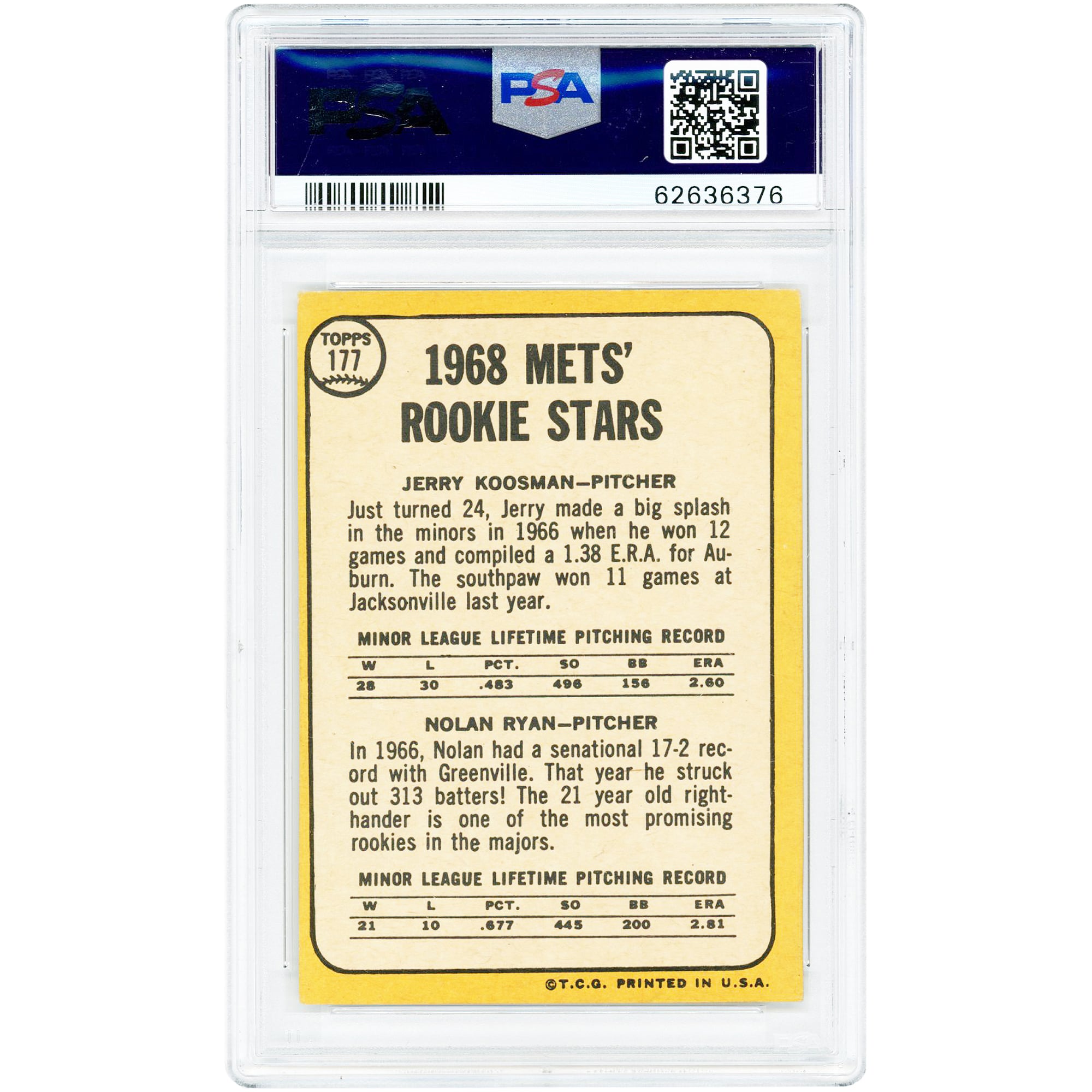 Nolan Ryan New York Mets 1968 Topps #177 PSA Authenticated 4 Rookie Card