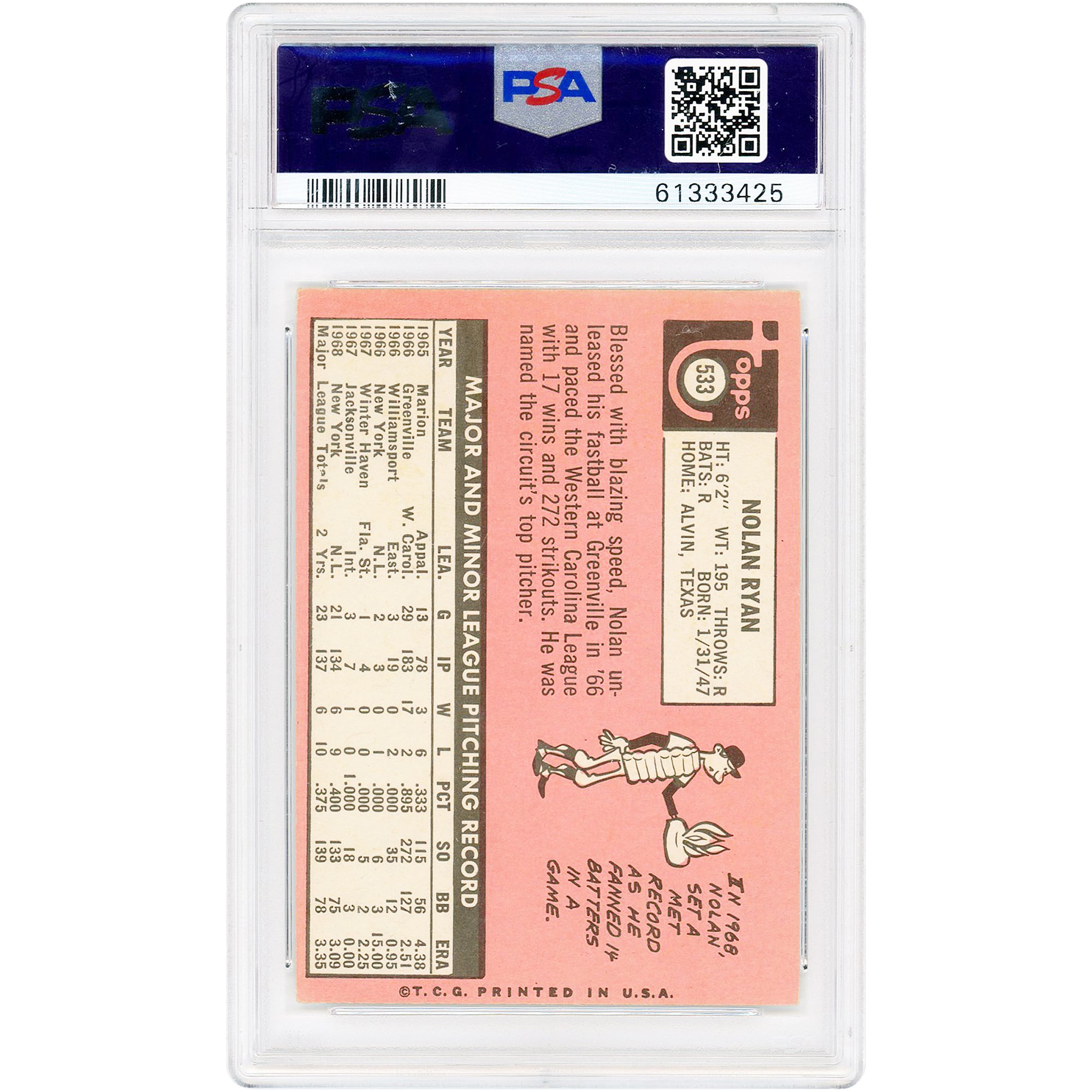 Nolan Ryan New York Mets 1969 Topps #533 PSA Authenticated 3 Card
