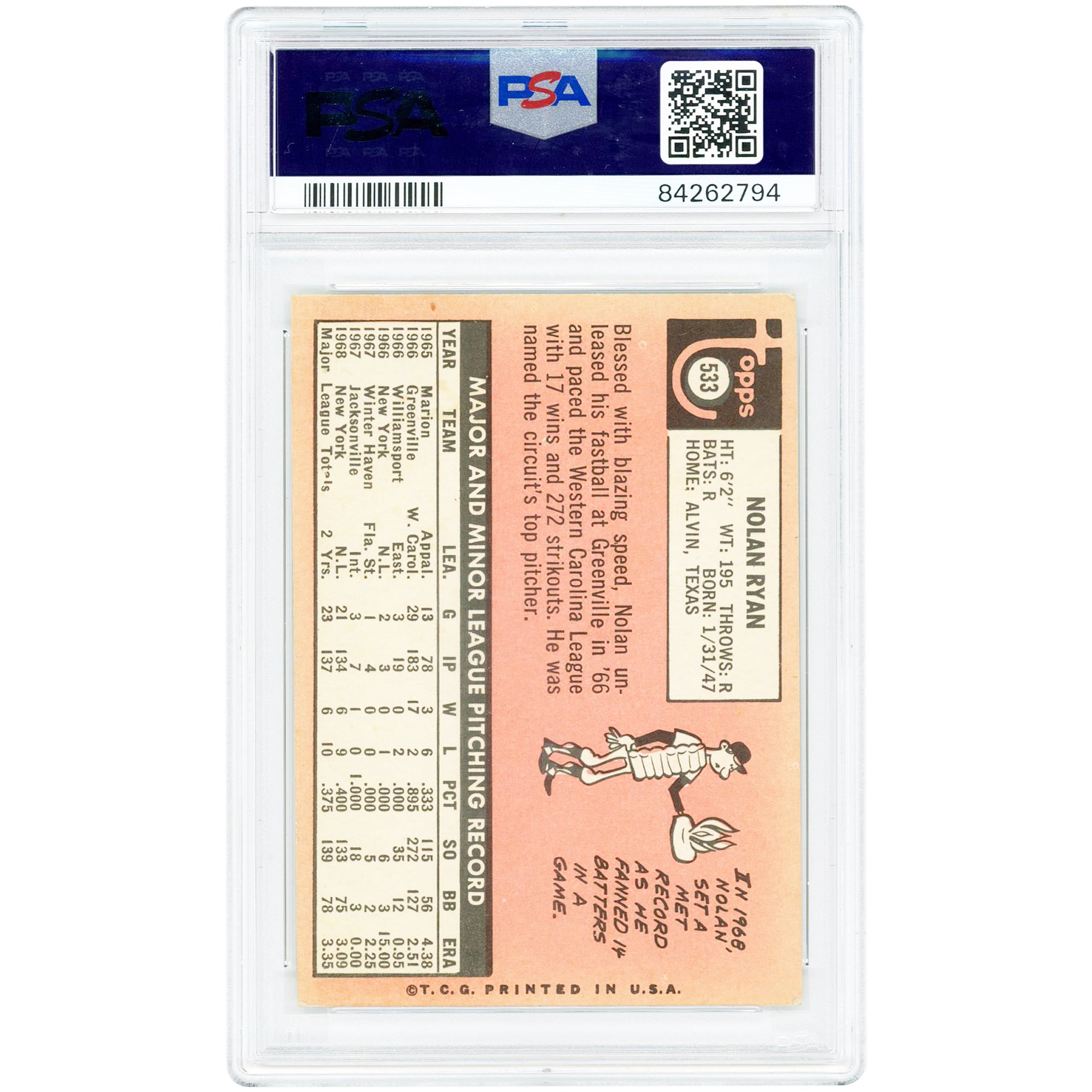 Nolan Ryan New York Mets 1969 Topps #533 PSA Authenticated 5 Card