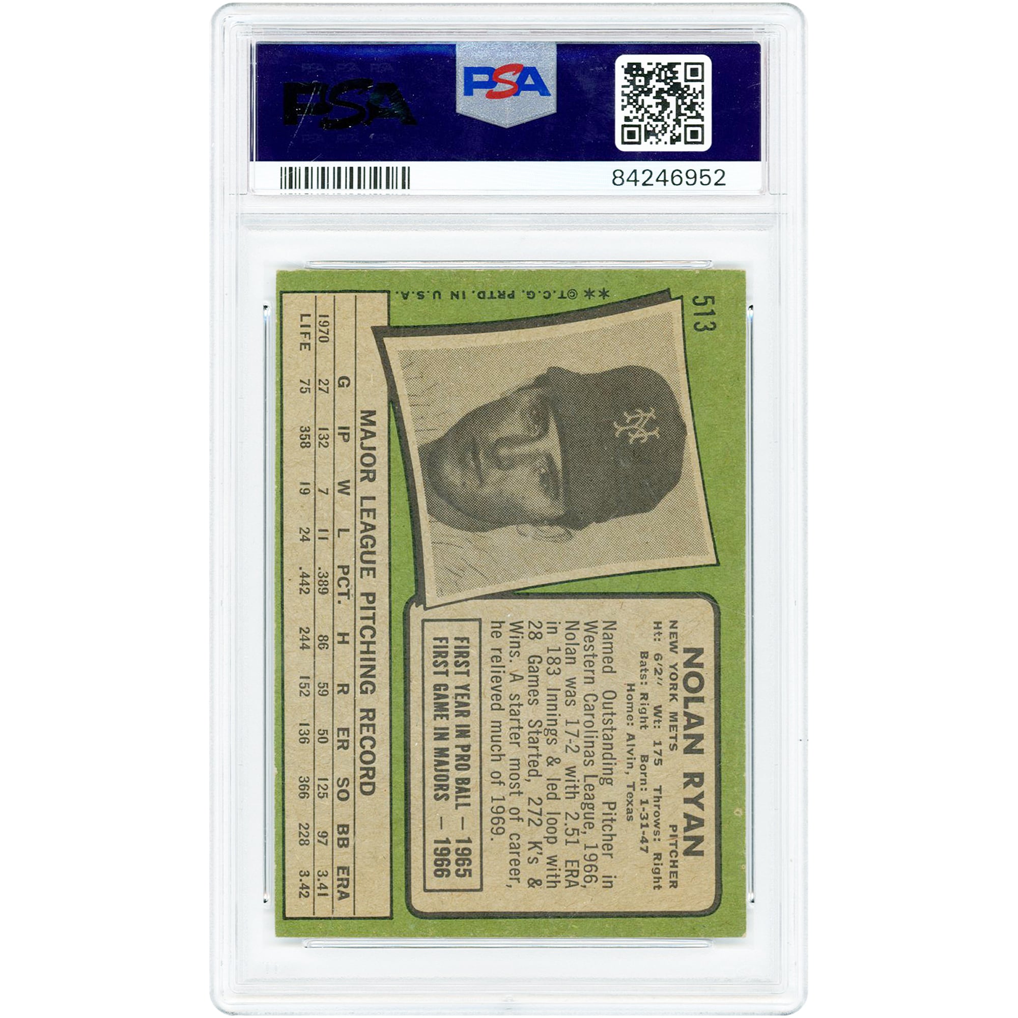 Nolan Ryan New York Mets 1971 Topps #513 PSA Authenticated 5 Card