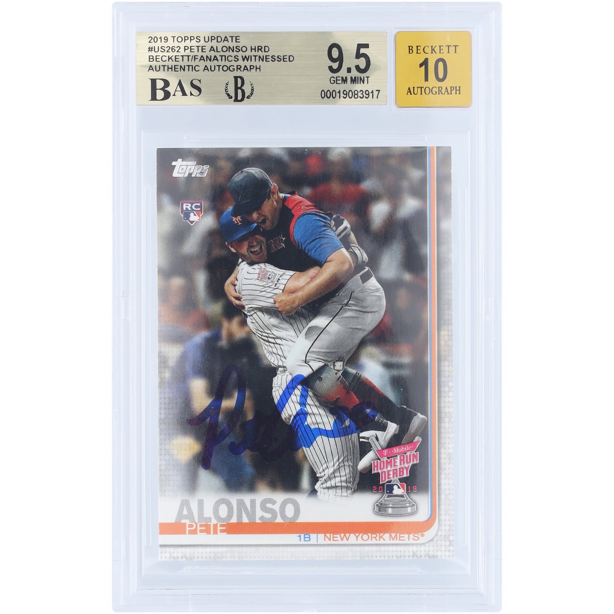 Carte de recrue autographiée de Pete Alonso (New York Mets), édition 2019 Topps Update Home Run Derby, n° US262, authentifiée par Beckett Fanatics Witnessed (note 9,5/10).