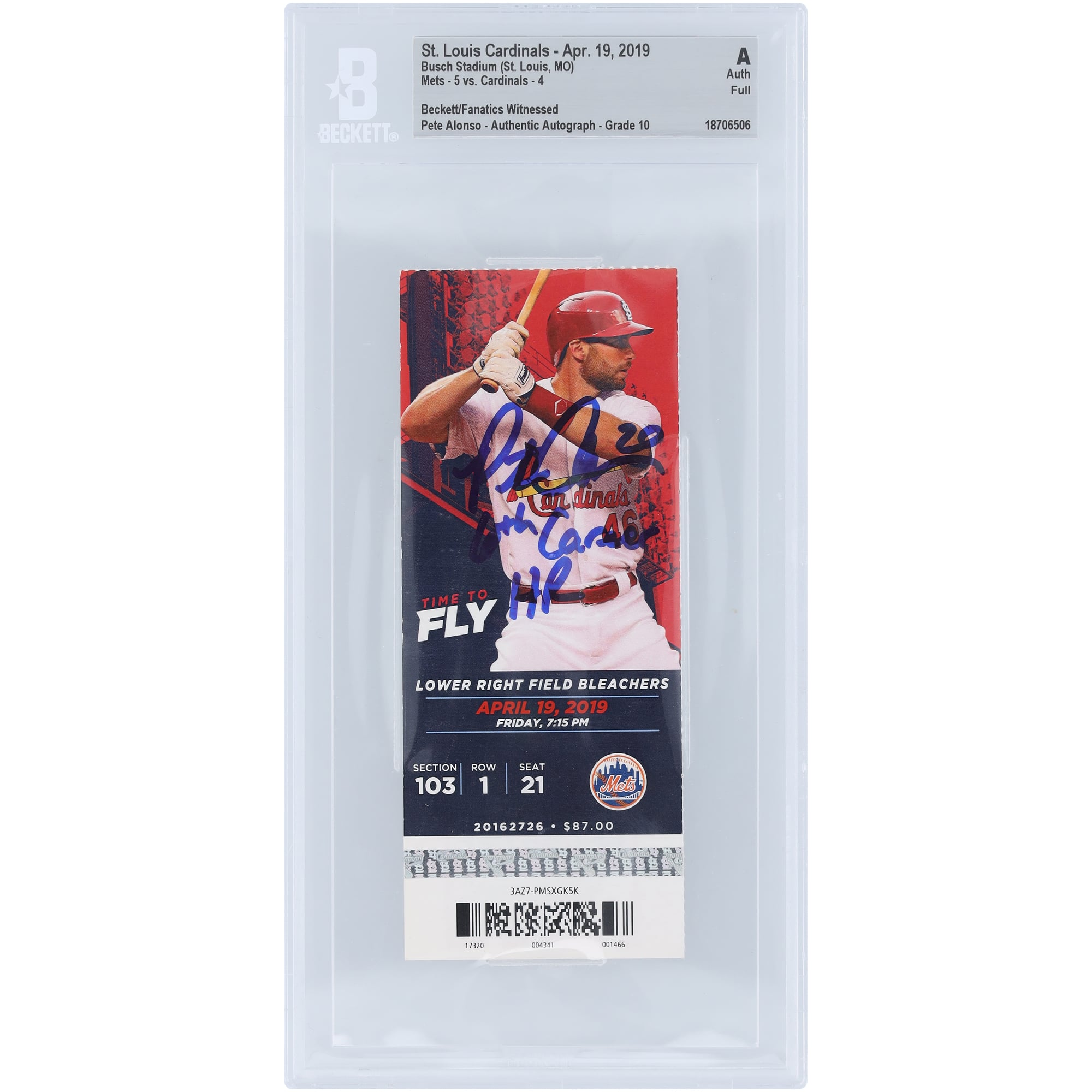 Billet authentifié Beckett Fanatics Witnessed Auto 10 du 19 avril 2019, signé par Pete Alonso des Mets de New York, avec la mention « 6e circuit en carrière ».