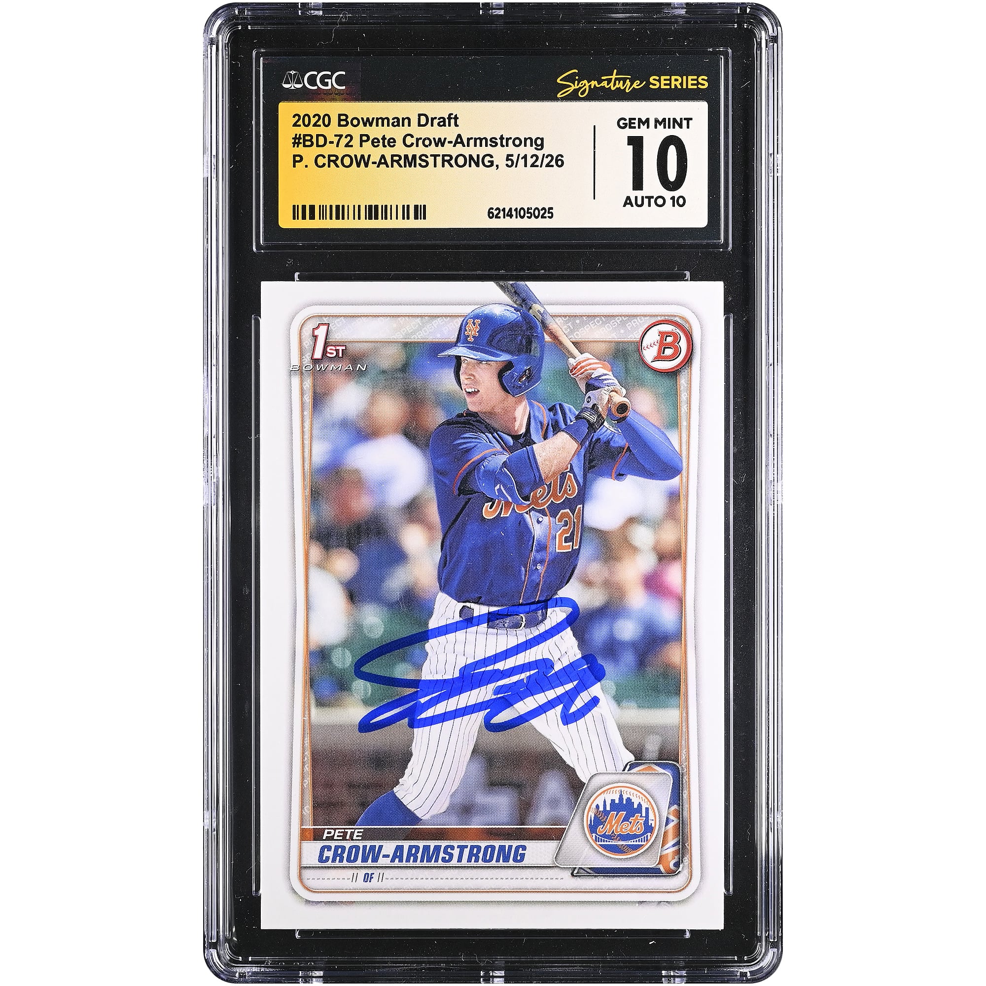 Pete Crow-Armstrong New York Mets Autographed 2020 Bowman Draft #BD-72 CGC Fanatics Witnessed Authenticated 10/10 Card