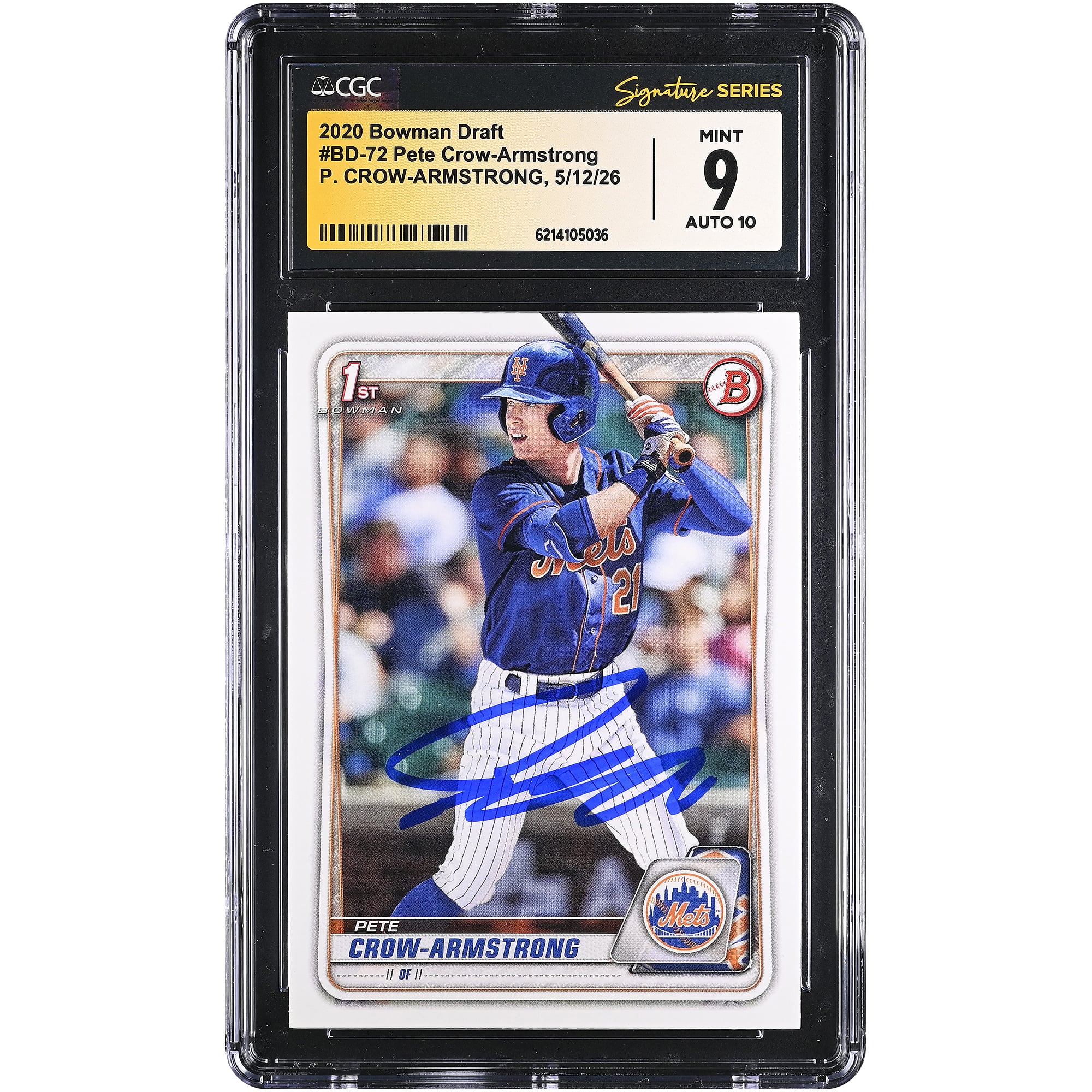 Carte autographiée Pete Crow-Armstrong des Mets de New York, repêchage Bowman 2020, n° BD-72, authentifiée par Fanatics Witnessed (CGC, état 9/10).