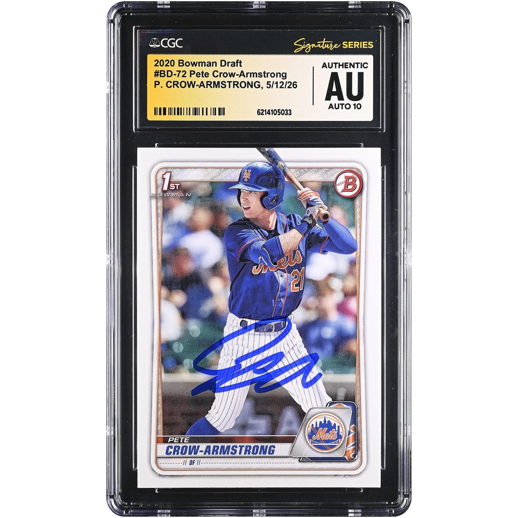 Carte autographiée Pete Crow-Armstrong des Mets de New York, repêchage Bowman 2020, numéro BD-72, authentifiée CGC Fanatics Witnessed AUTO 10