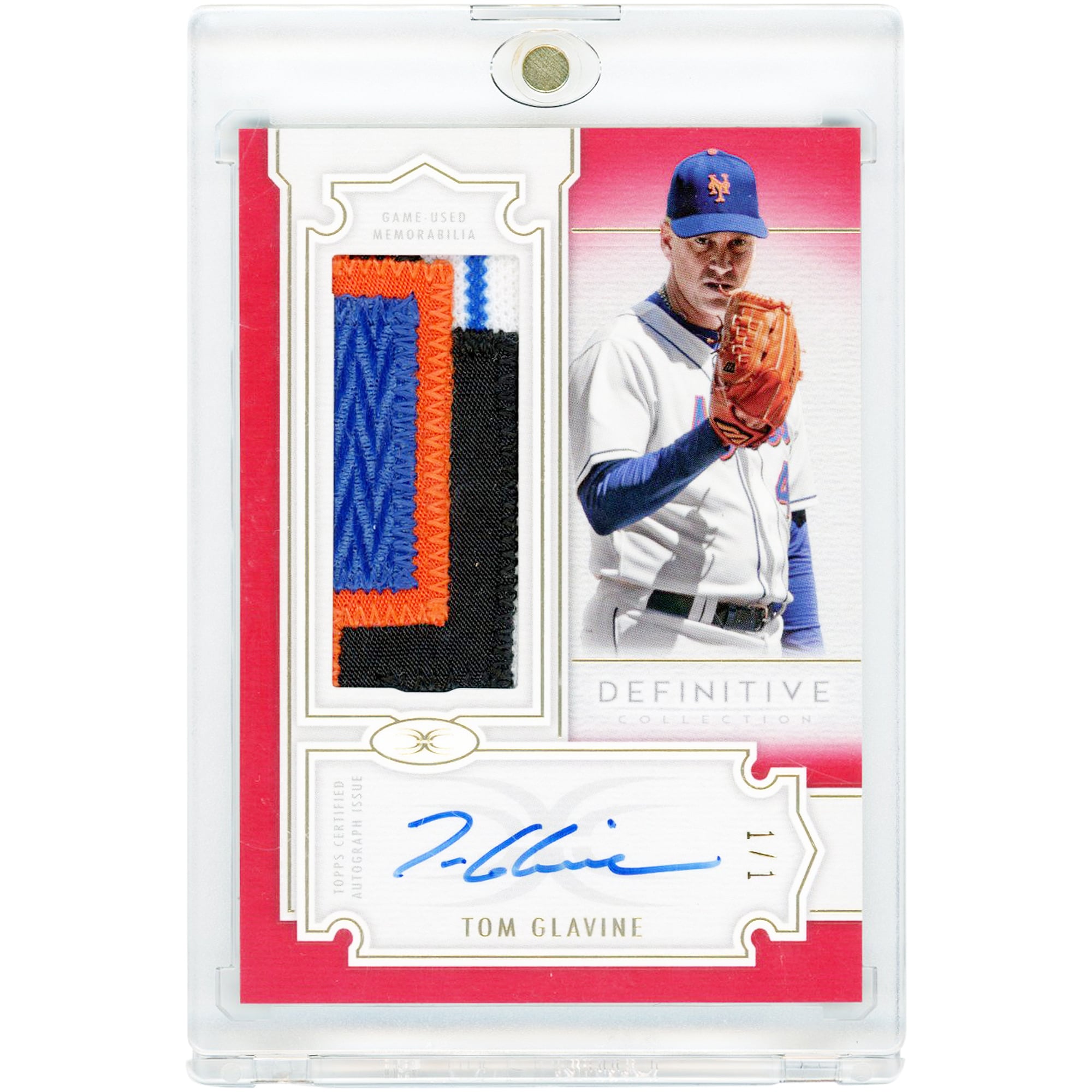 Tom Glavine New York Mets Autographed 2020 Topps Definitive Collection Quad-Color Game Used Relic Red #DARC-TG #1/1 Card