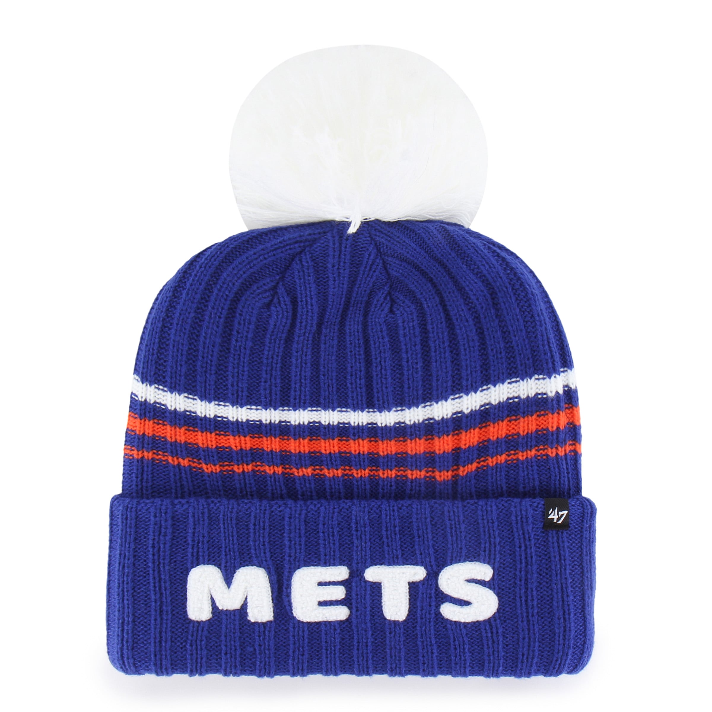 Bonnet à revers en maille duveteuse avec pompon, modèle « 47 Royal New York Mets » pour femme
