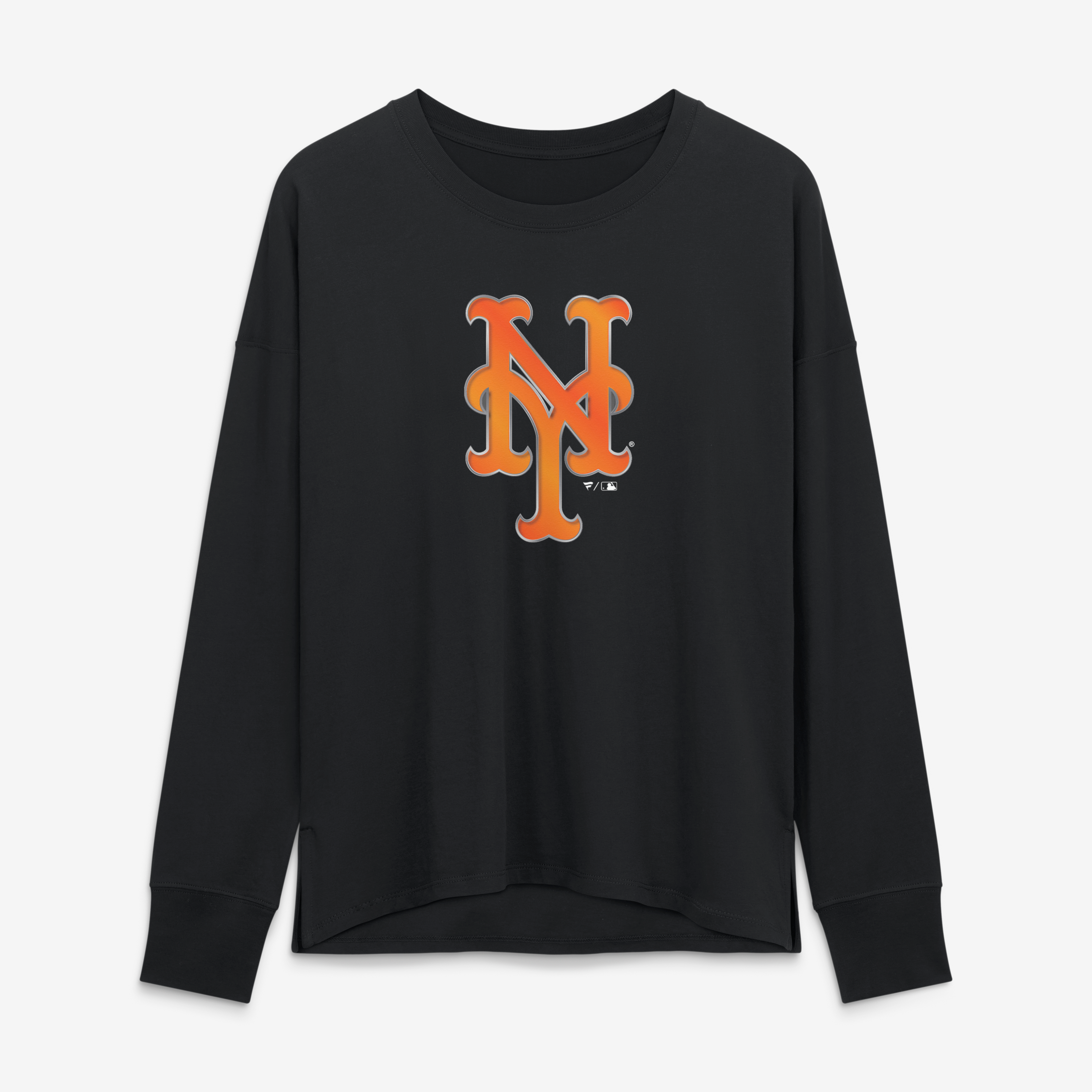 T-shirt à manches longues noir pour femme avec mascotte métallique des Mets de New York
