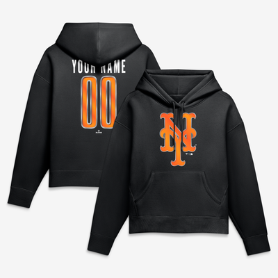 New York Mets Women's Metallic Mascot Personalized Name & Number Hoodie - Black