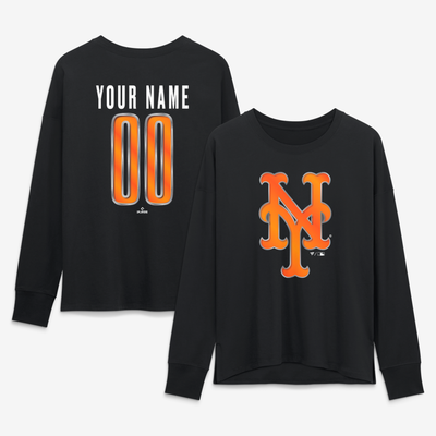 New York Mets Women's Metallic Mascot Personalized Name & Number Long Sleeve T-Shirt - Black