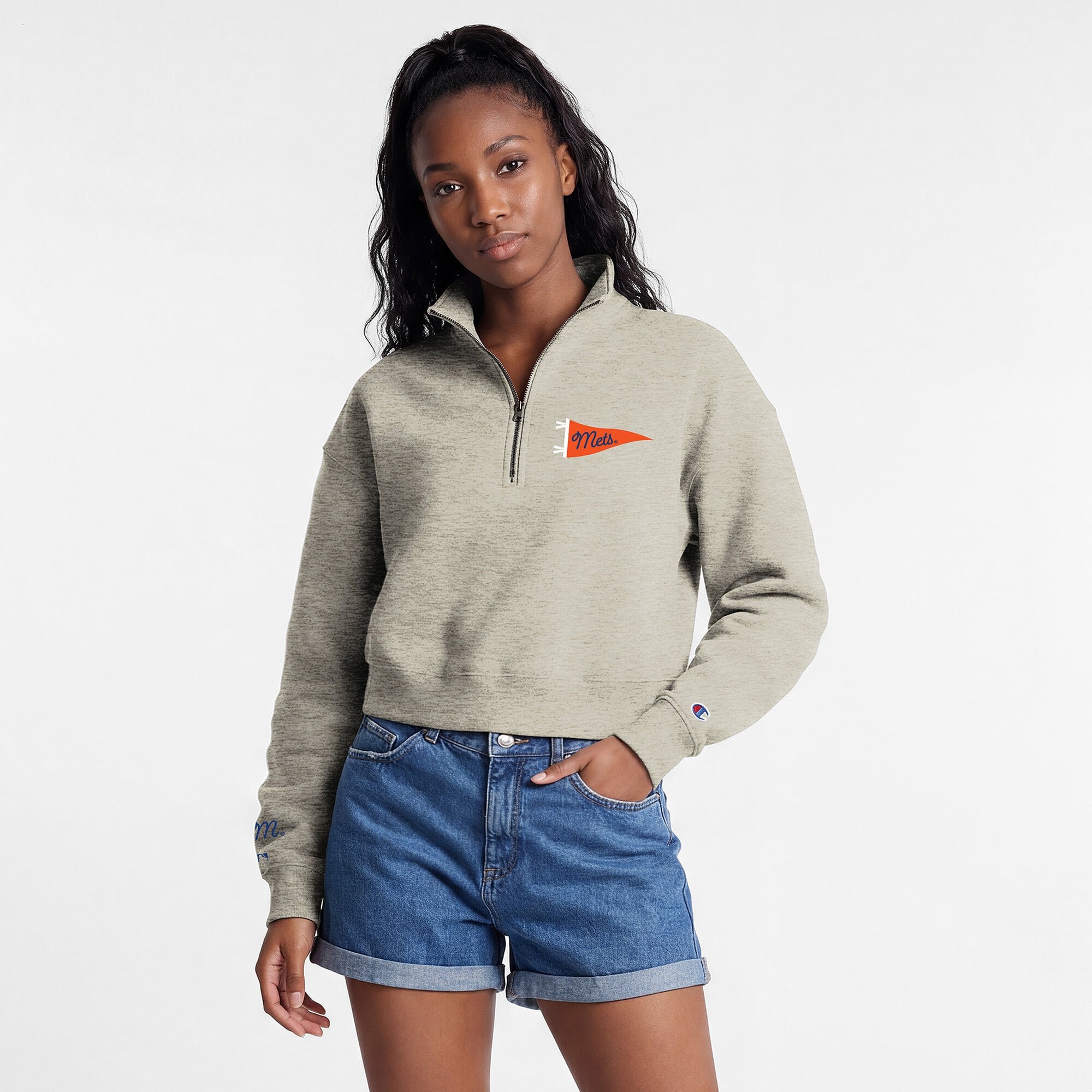 Pull court à col zippé Champion crème New York Mets Triumph en polaire tri-blend pour femme