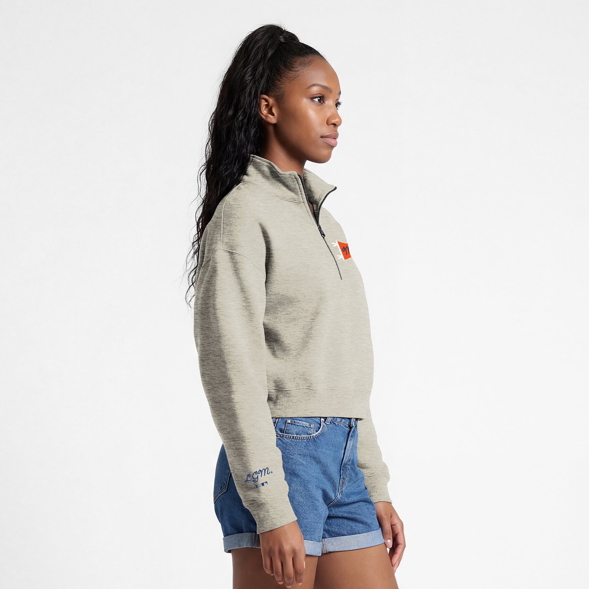 Pull court à col zippé Champion crème New York Mets Triumph en polaire tri-blend pour femme