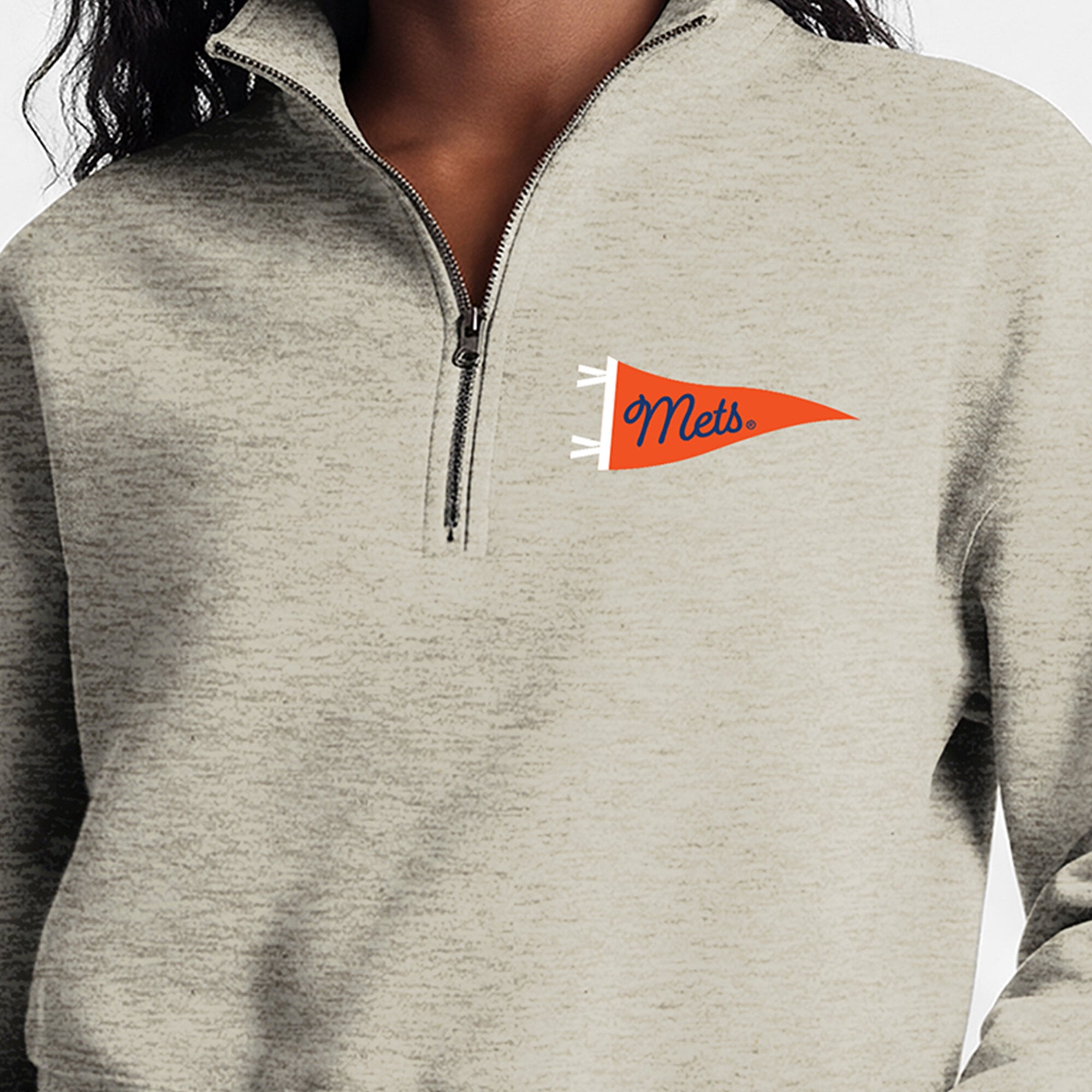 Pull court à col zippé Champion crème New York Mets Triumph en polaire tri-blend pour femme