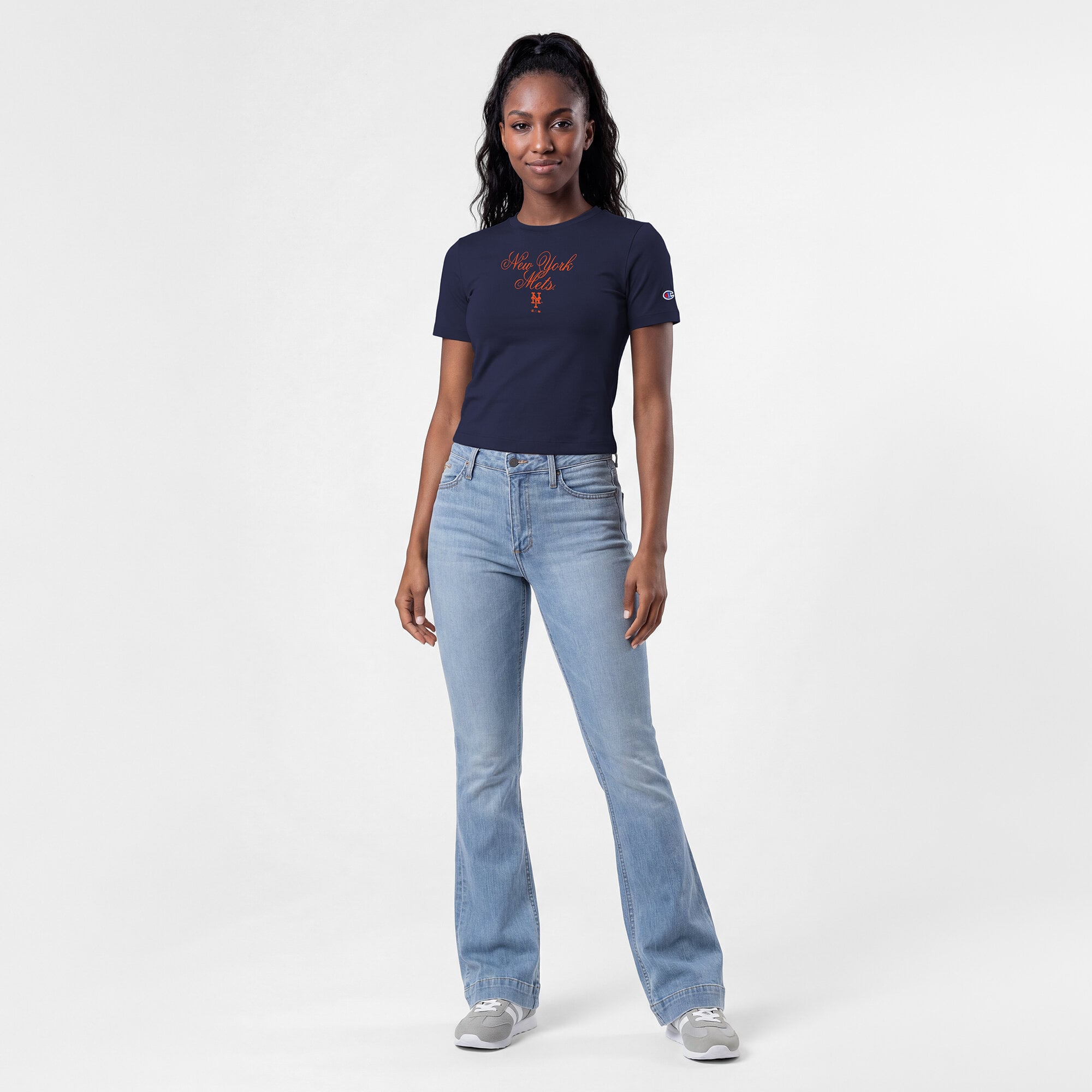 T-shirt court ajusté doux au toucher Champion pour femme, bleu marine, New York Mets