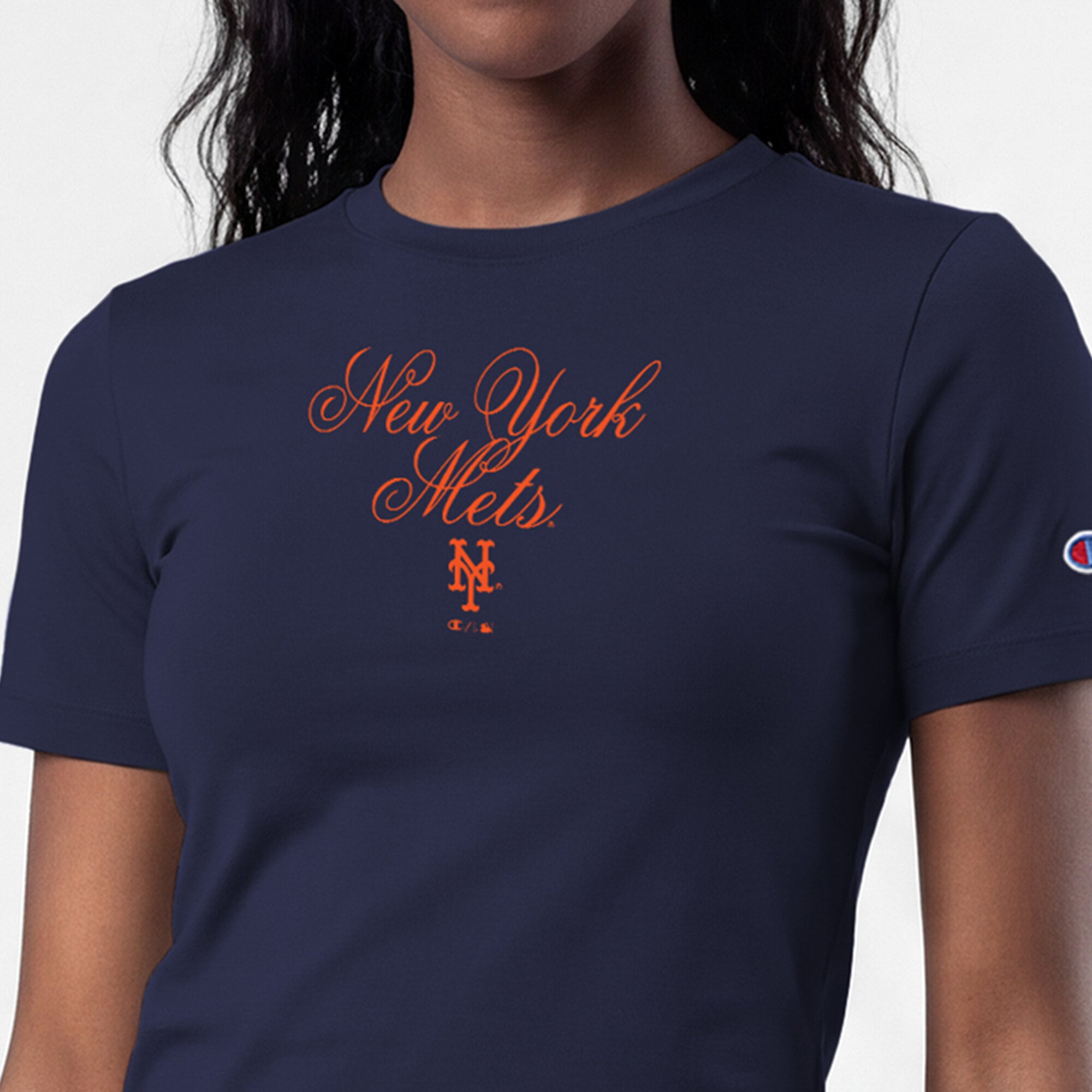 T-shirt court ajusté doux au toucher Champion pour femme, bleu marine, New York Mets