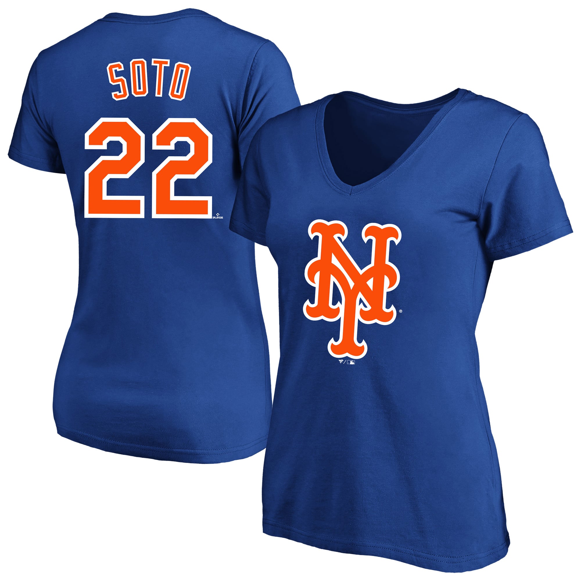 T-shirt à col en V pour femme Fanatics Juan Soto Royal New York Mets, grande taille, nom et numéro