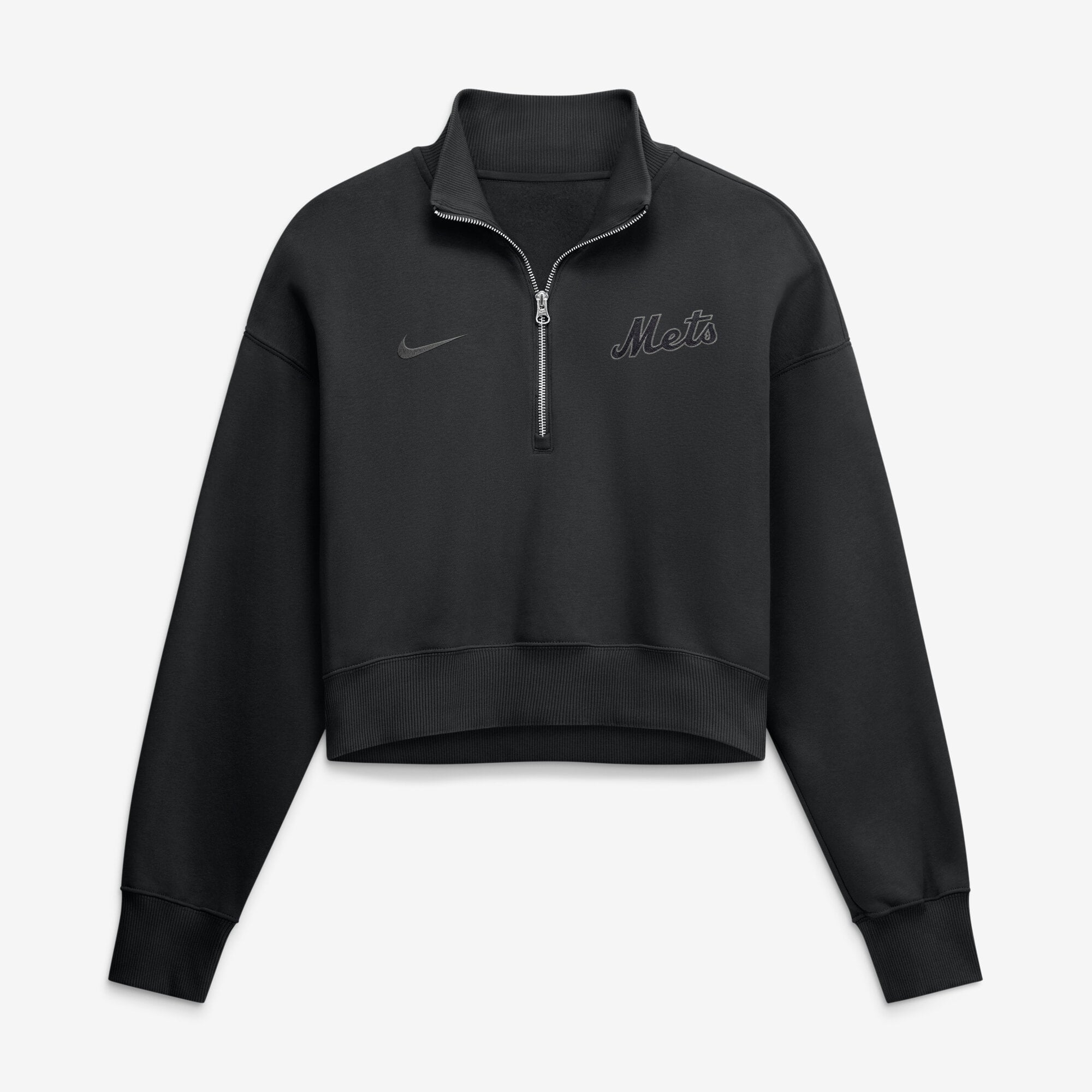 Sweat-shirt court à col zippé Nike noir New York Mets pour femme, modèle Phoenix Fleece oversize.