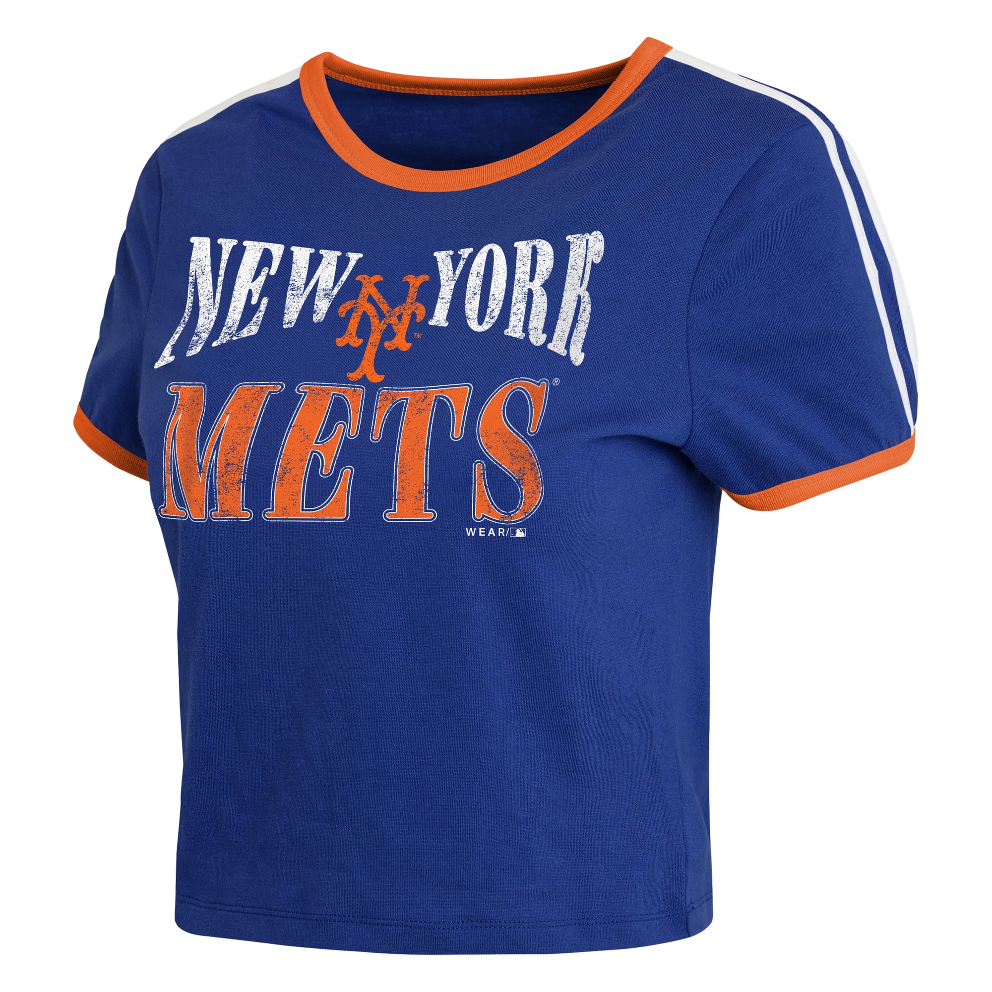 Women's WEAR by Erin Andrews  Royal New York Mets Cropped Throwback Ringer Baby T-Shirt