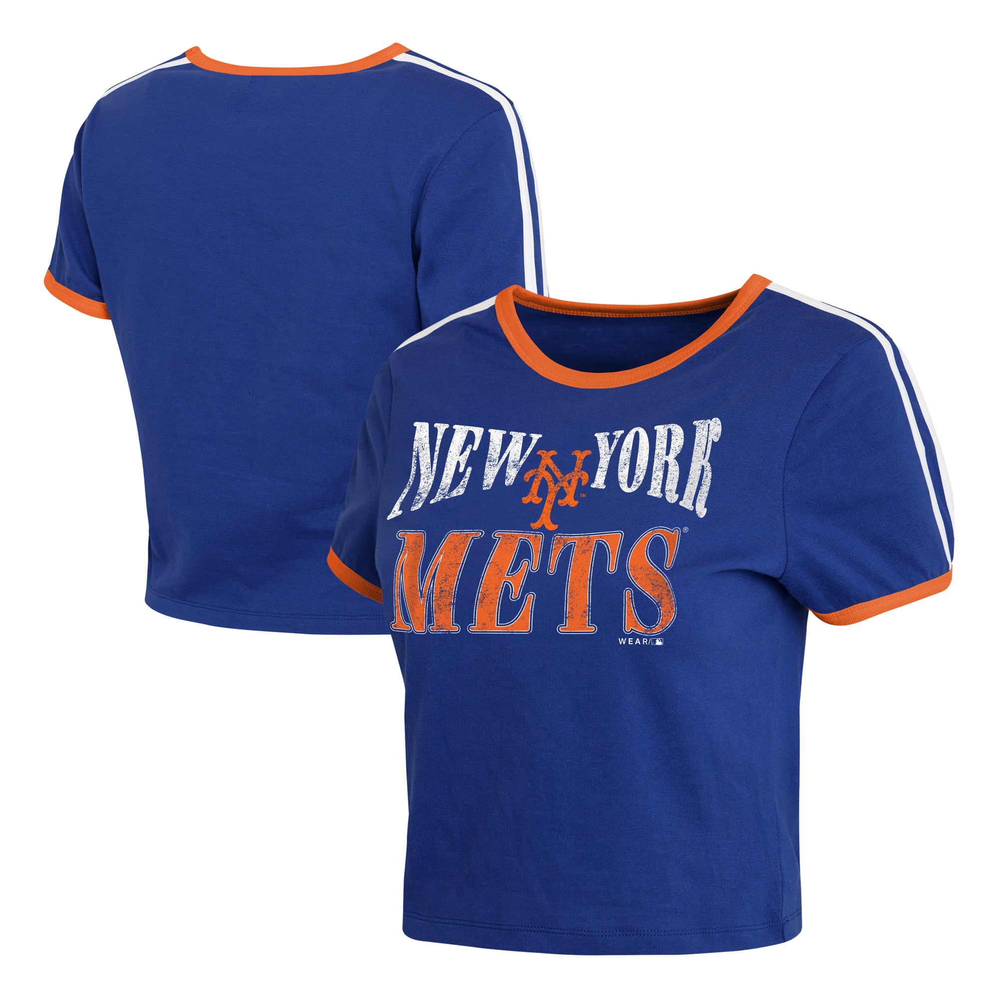 Women's WEAR by Erin Andrews Royal New York Mets Cropped Throwback Ringer Baby T-Shirt