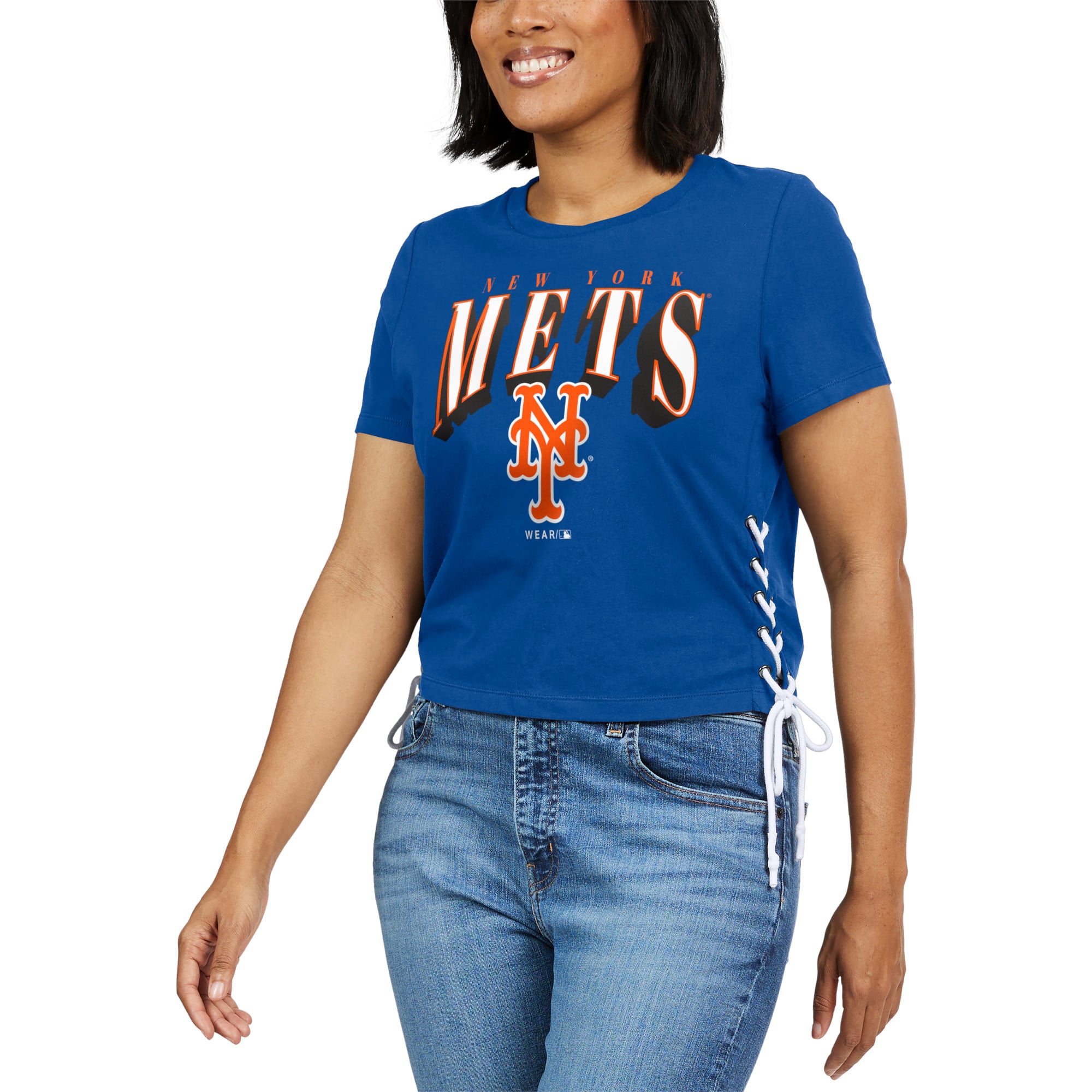 Women's WEAR by Erin Andrews Royal New York Mets Side Lace-Up Cropped T-Shirt