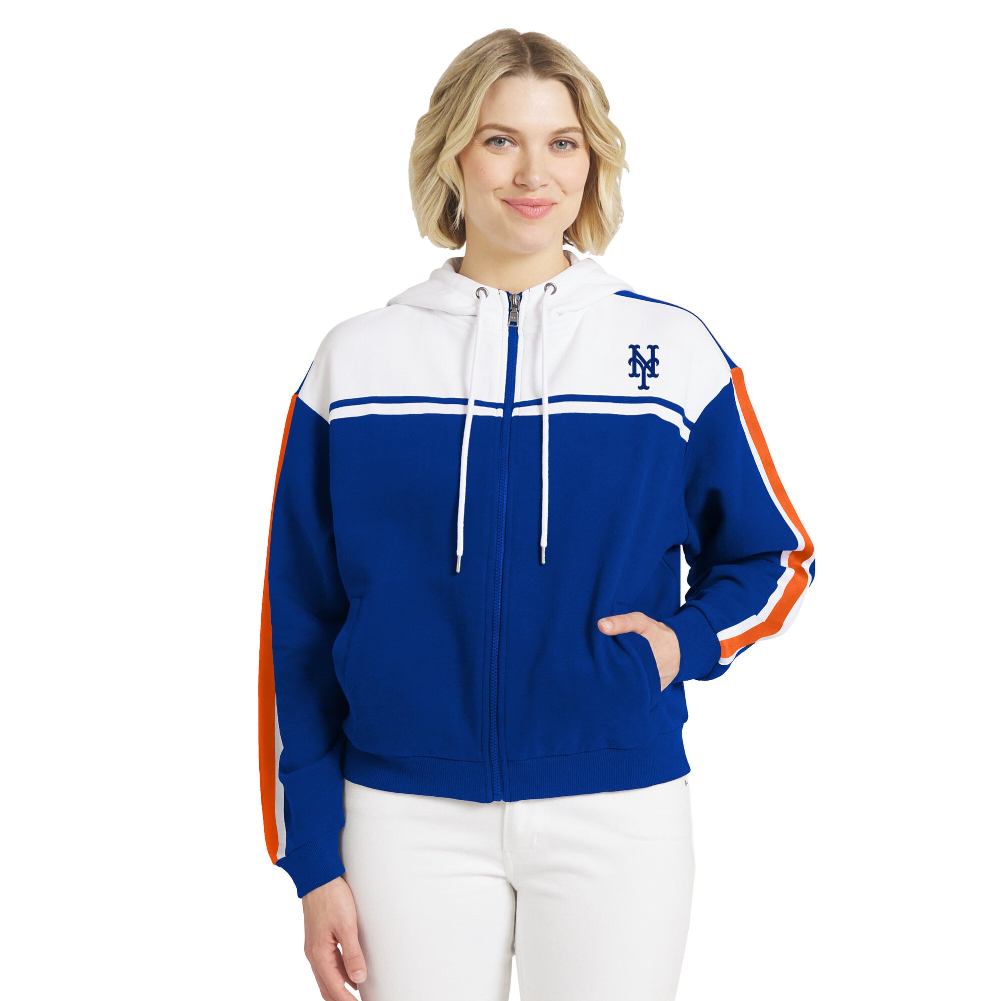 Sweat à capuche zippé WEAR by Erin Andrews pour femme, bleu roi et blanc, New York Mets.