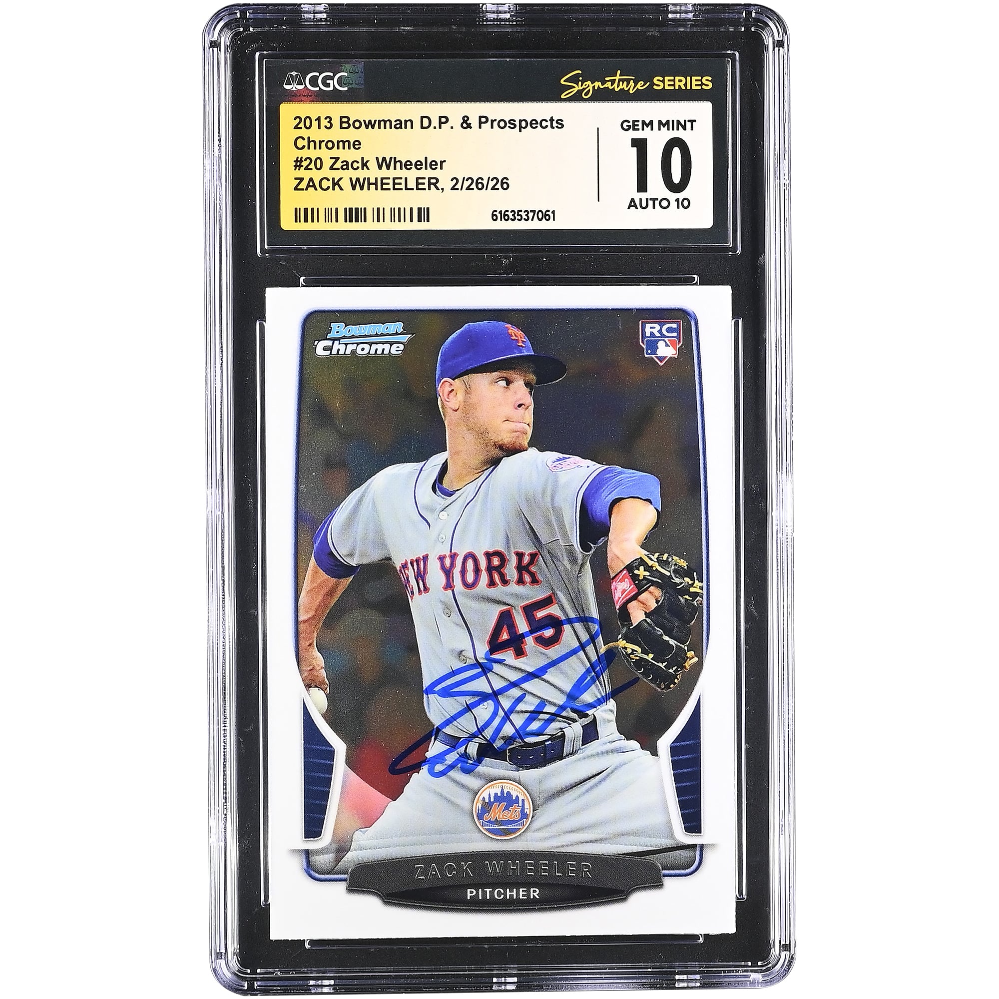 Zack Wheeler New York Mets Autographed 2013 Bowman Draft Picks & Prospects Chrome #20 CGC Authenticated 10/10 Rookie Card