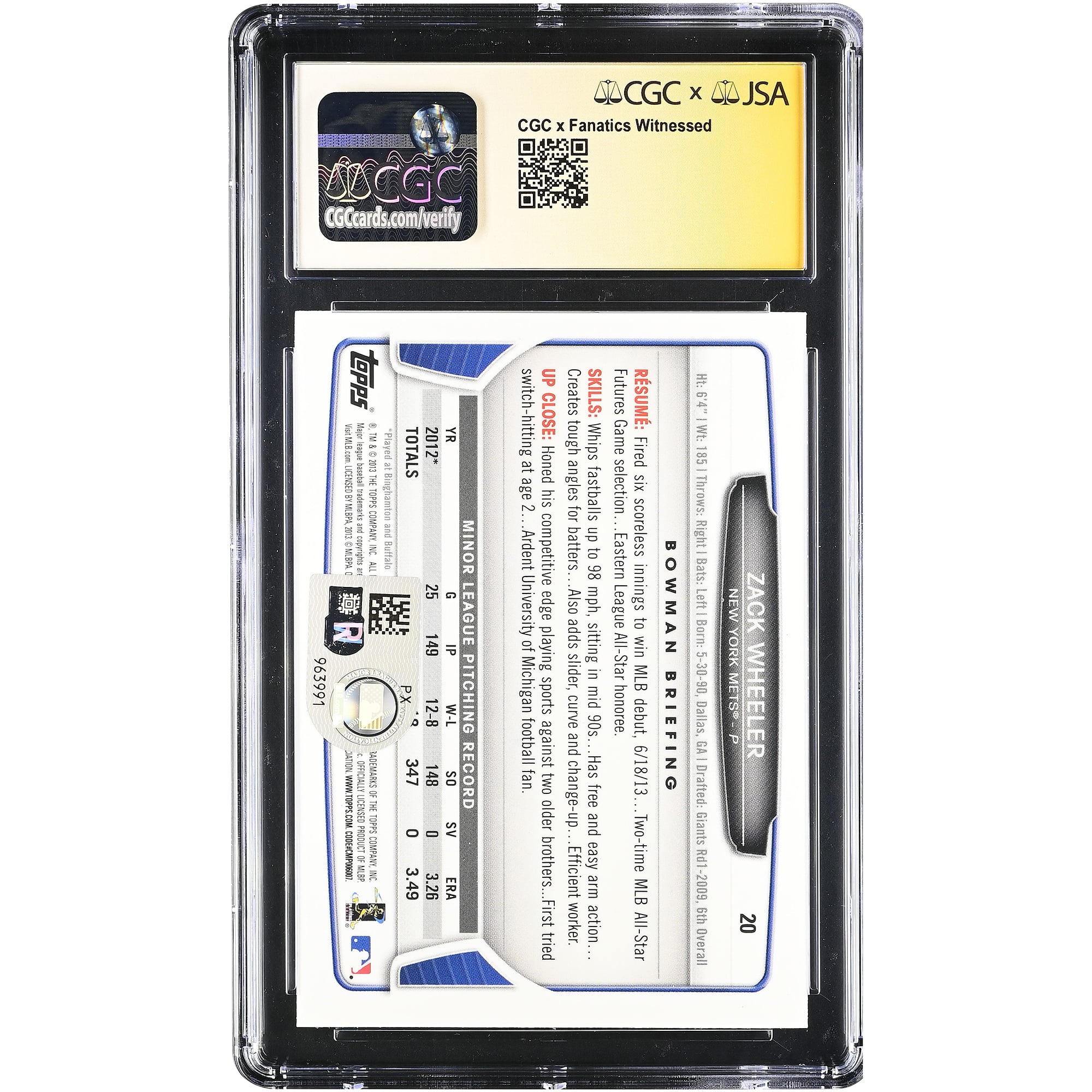 Carte de recrue autographiée de Zack Wheeler (New York Mets), série Bowman Draft Picks & Prospects Chrome 2013, numéro 20, authentifiée CGC 9/10