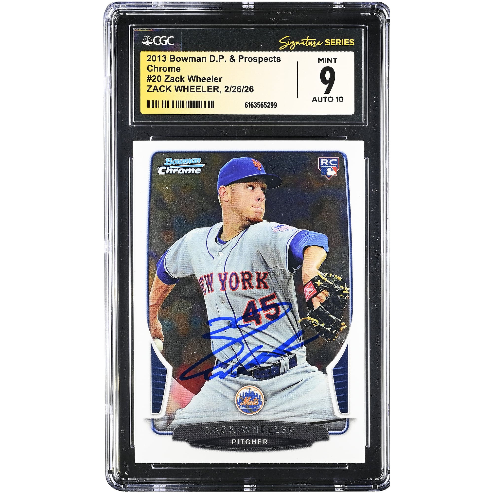 Carte de recrue autographiée de Zack Wheeler (New York Mets), série Bowman Draft Picks & Prospects Chrome 2013, numéro 20, authentifiée CGC 9/10