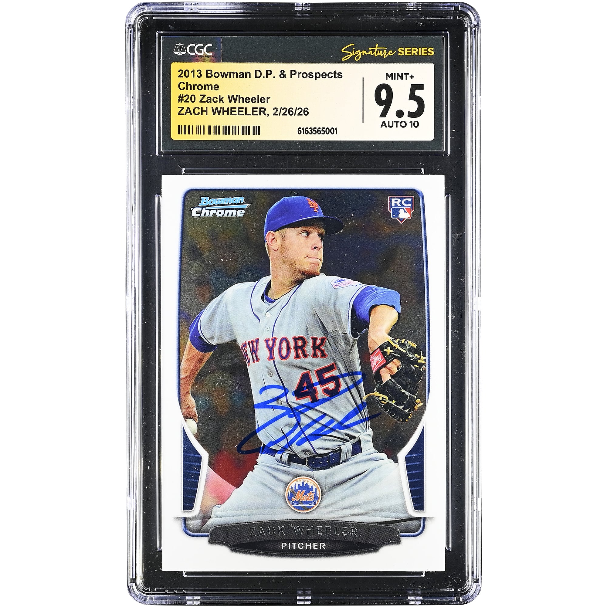 Carte de recrue autographiée de Zack Wheeler (New York Mets), série Bowman Draft Picks & Prospects Chrome 2013, numéro 20, authentifiée CGC 9,5/10