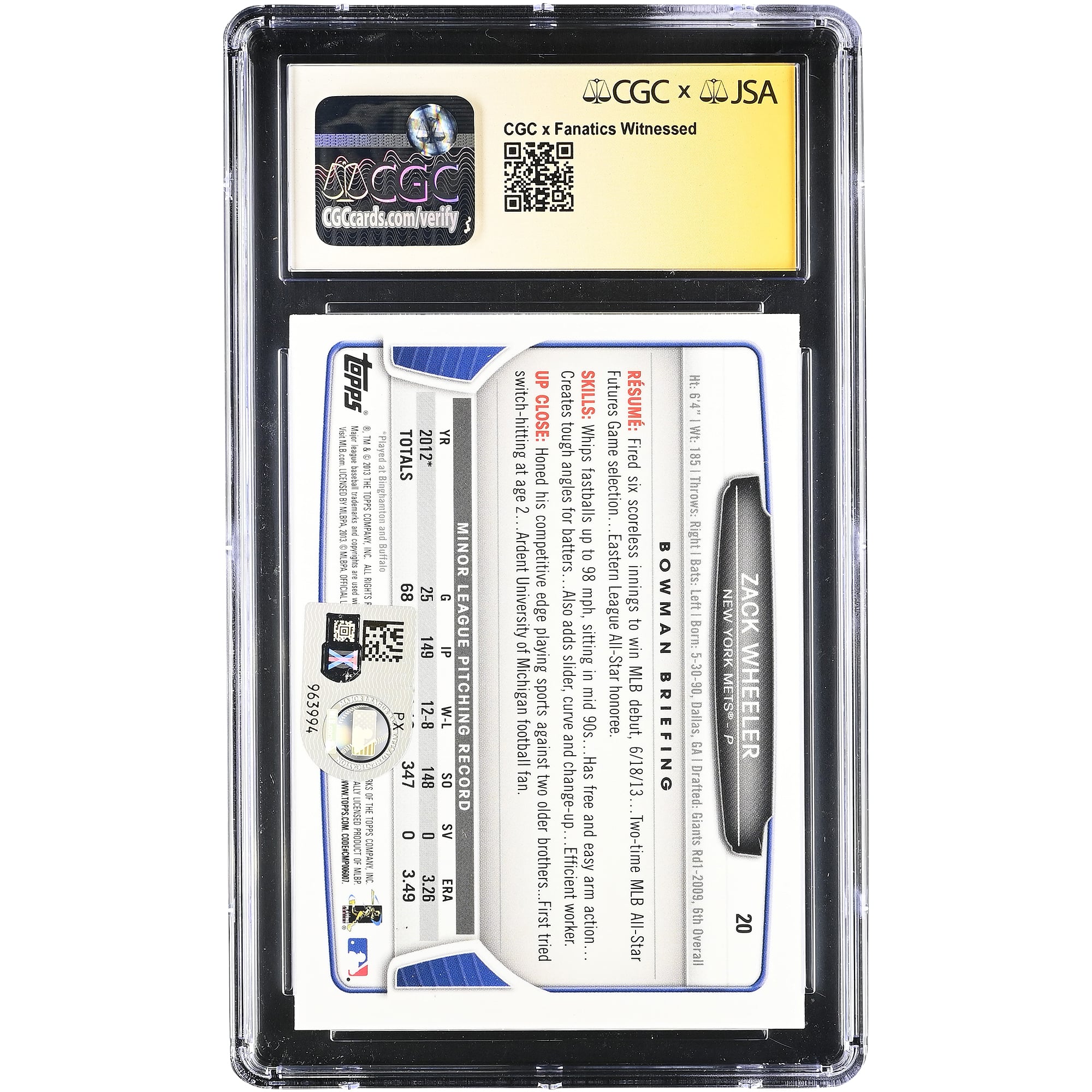 Carte de recrue autographiée de Zack Wheeler (New York Mets), série Bowman Draft Picks & Prospects Chrome 2013, numéro 20, authentifiée CGC 9,5/10