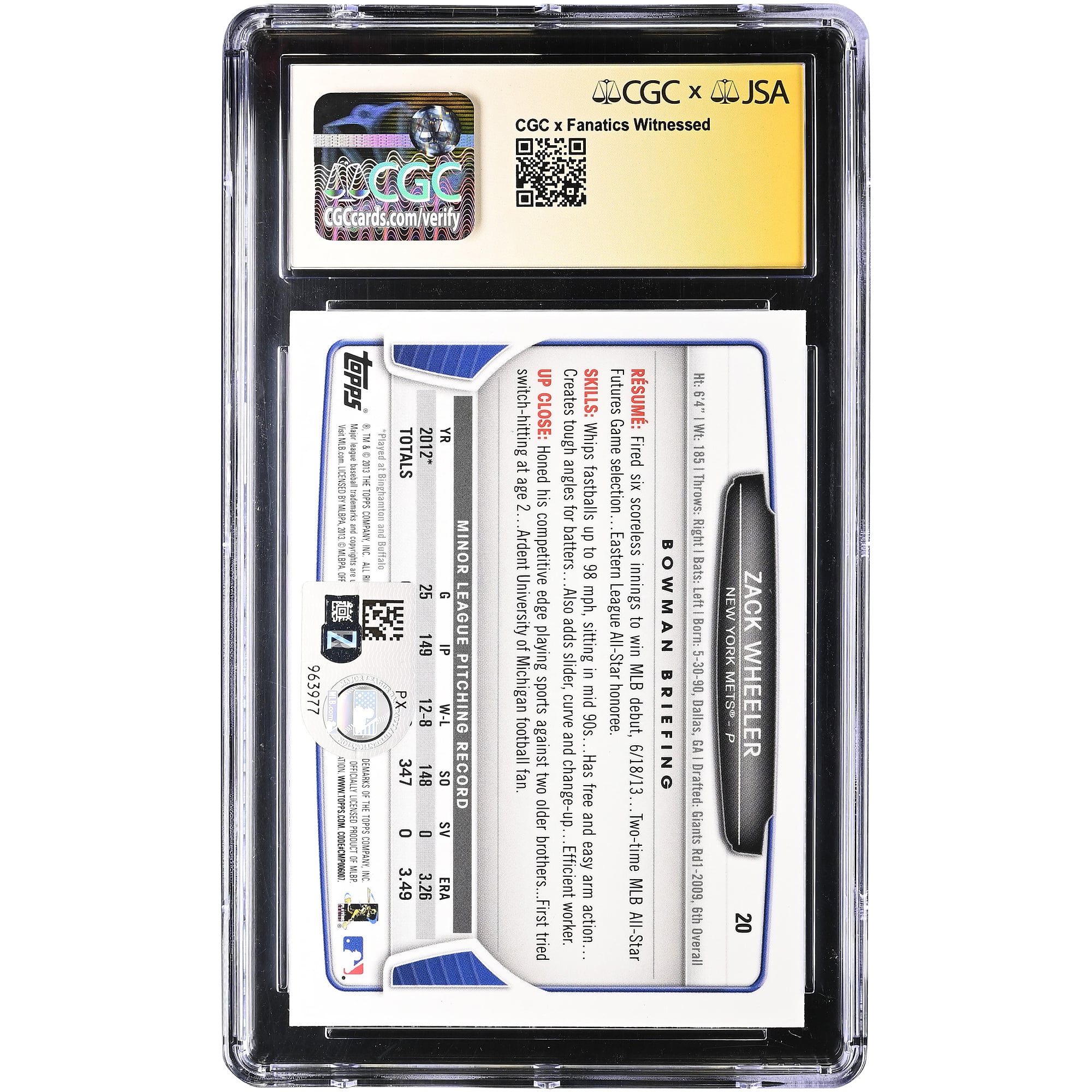 Zack Wheeler New York Mets Autographed 2013 Bowman Draft Picks & Prospects Chrome #20 CGC Authenticated Auto 10 Rookie Card