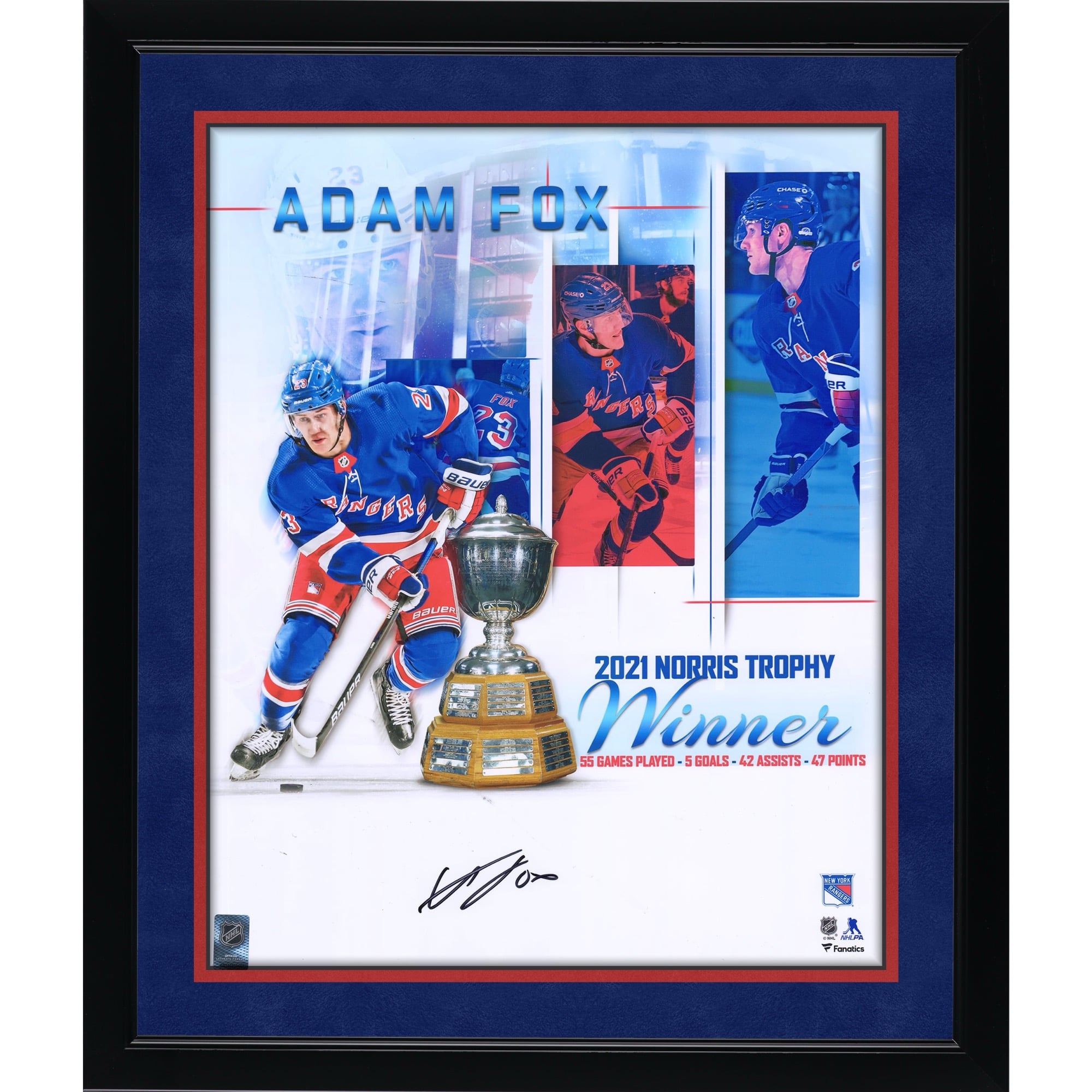 Photo stylisée 16'' x 20'' d'Adam Fox, joueur des New York Rangers, édition 2021, signée par Norris