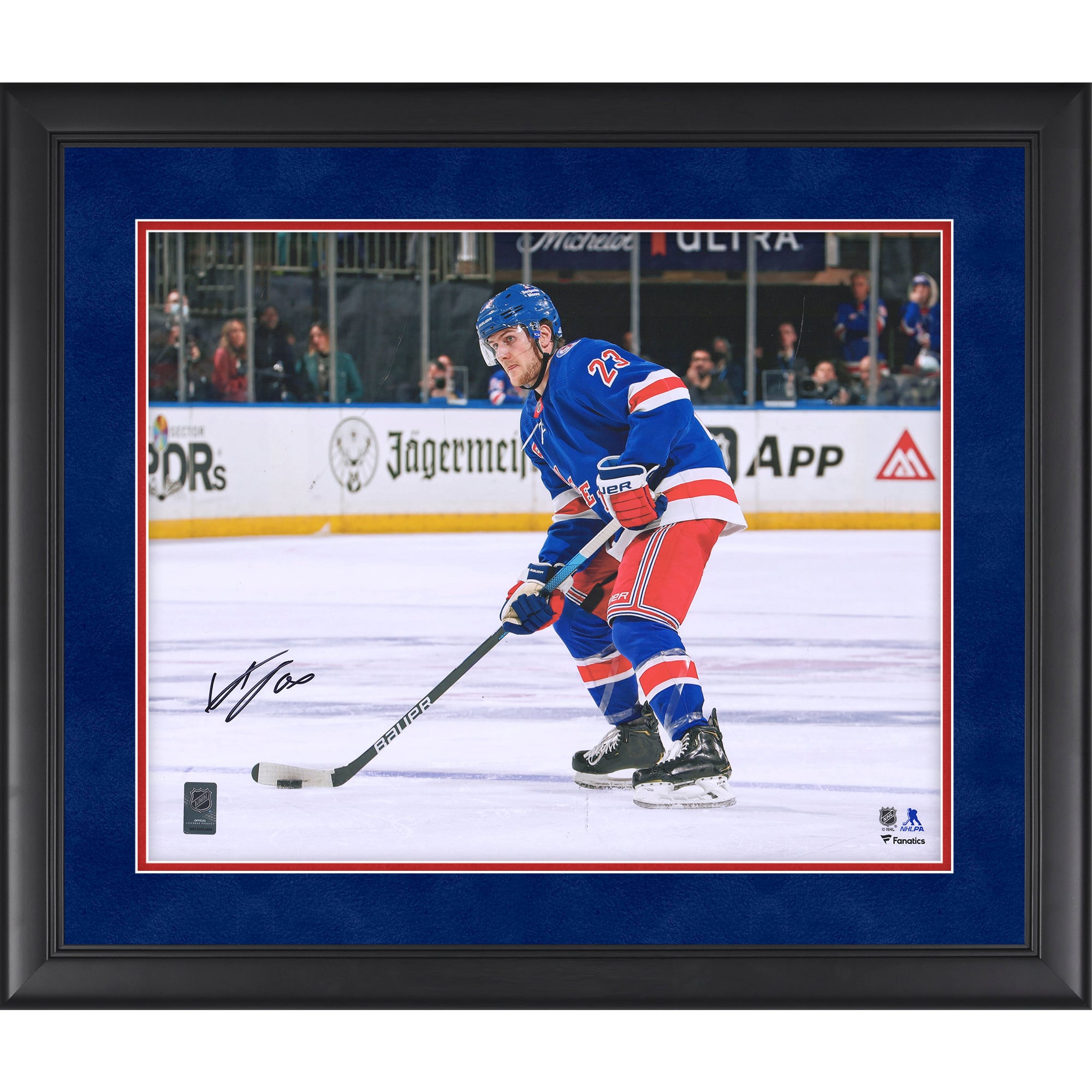 Adam Fox New York Rangers Autographed Framed 16" x 20" Blue Jersey with Puck Photograph - Suede Mat Upgrade
