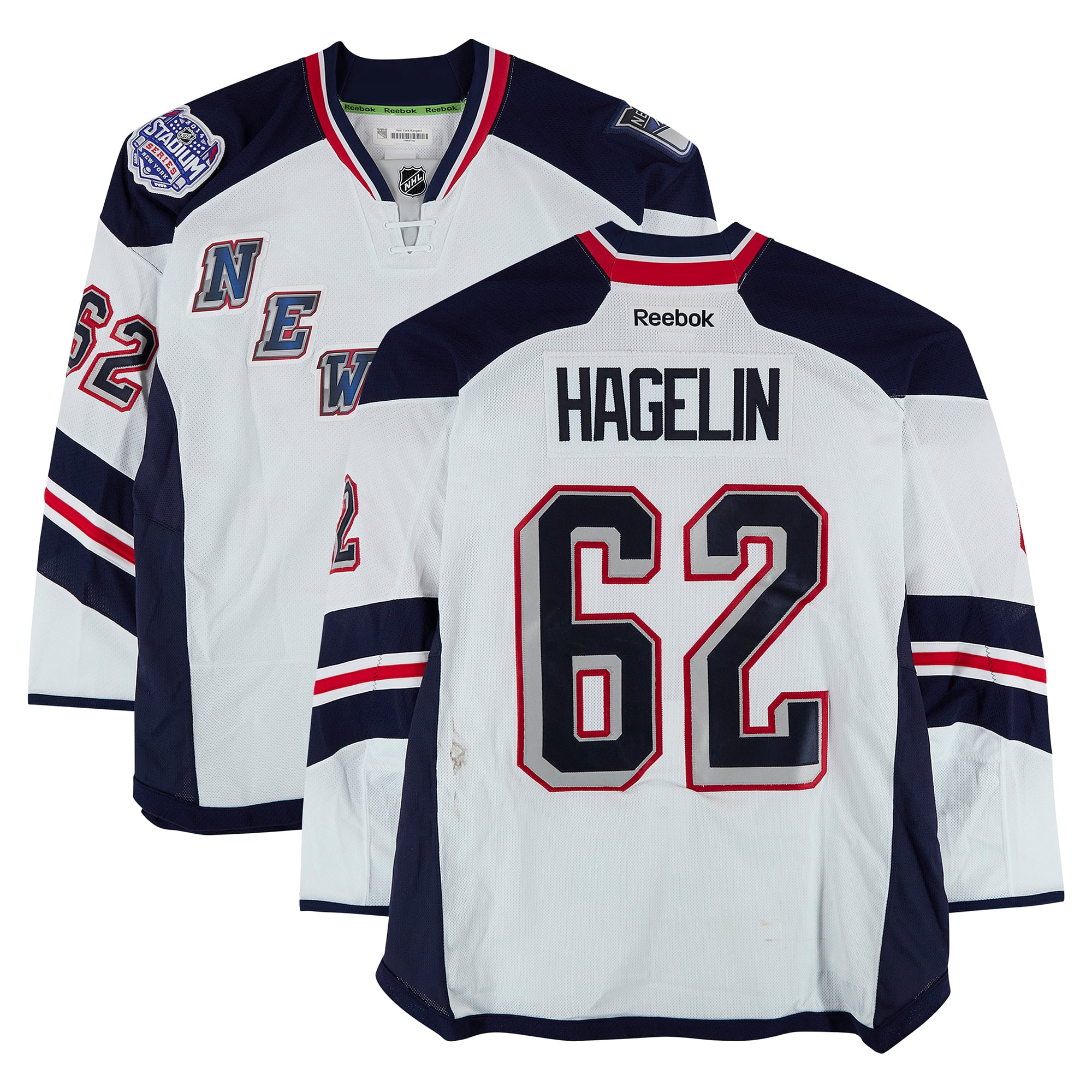 Carl Hagelin New York Rangers Practice-Used #62 White Jersey vs. New York Islanders on January 29, 2014 - Worn During Warm-Ups