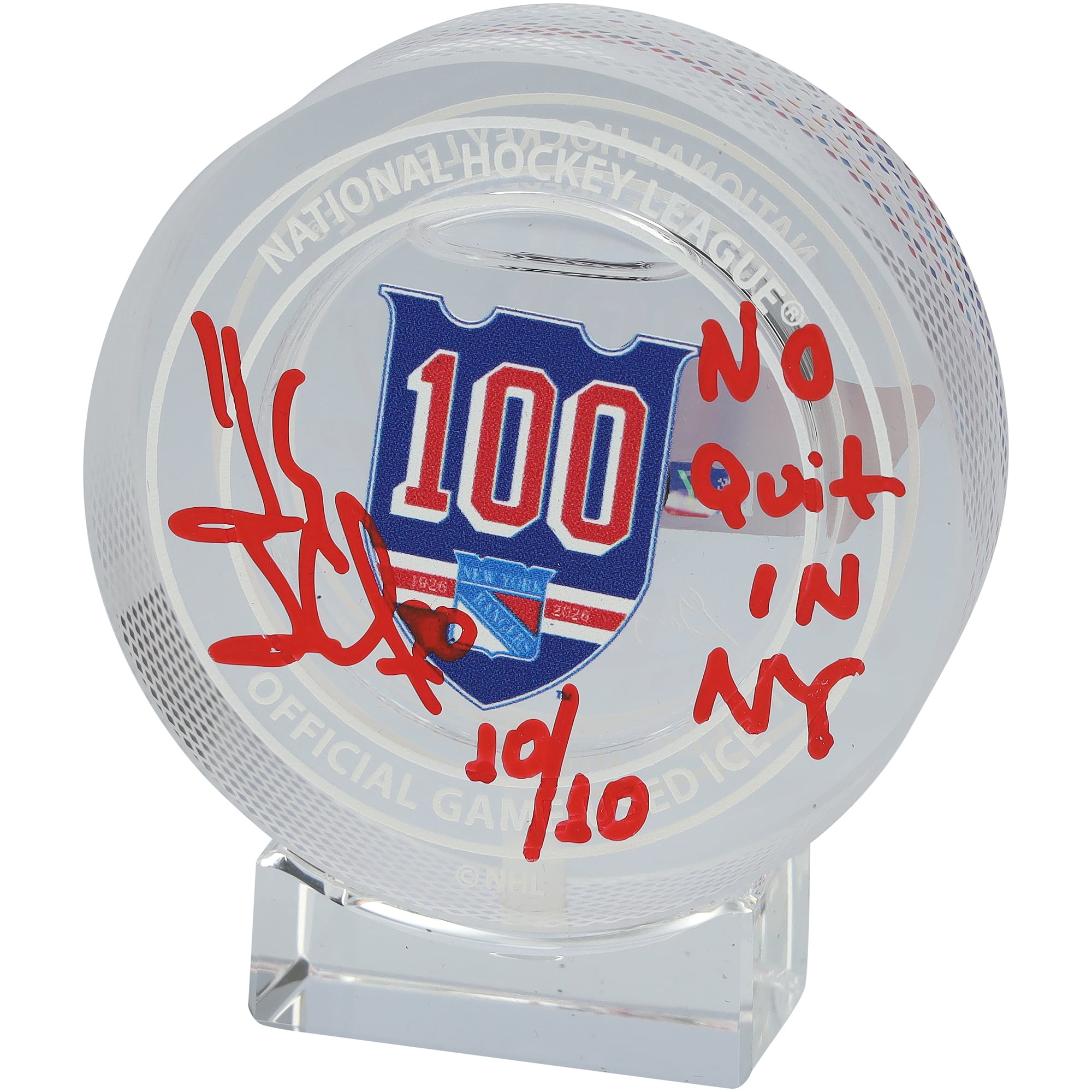 Henrik Lundqvist New York Rangers Autographed 100th Anniversary Crystal Puck with "No Quit in NY" Inscription - Filled with Ice from the 2025-26 Season