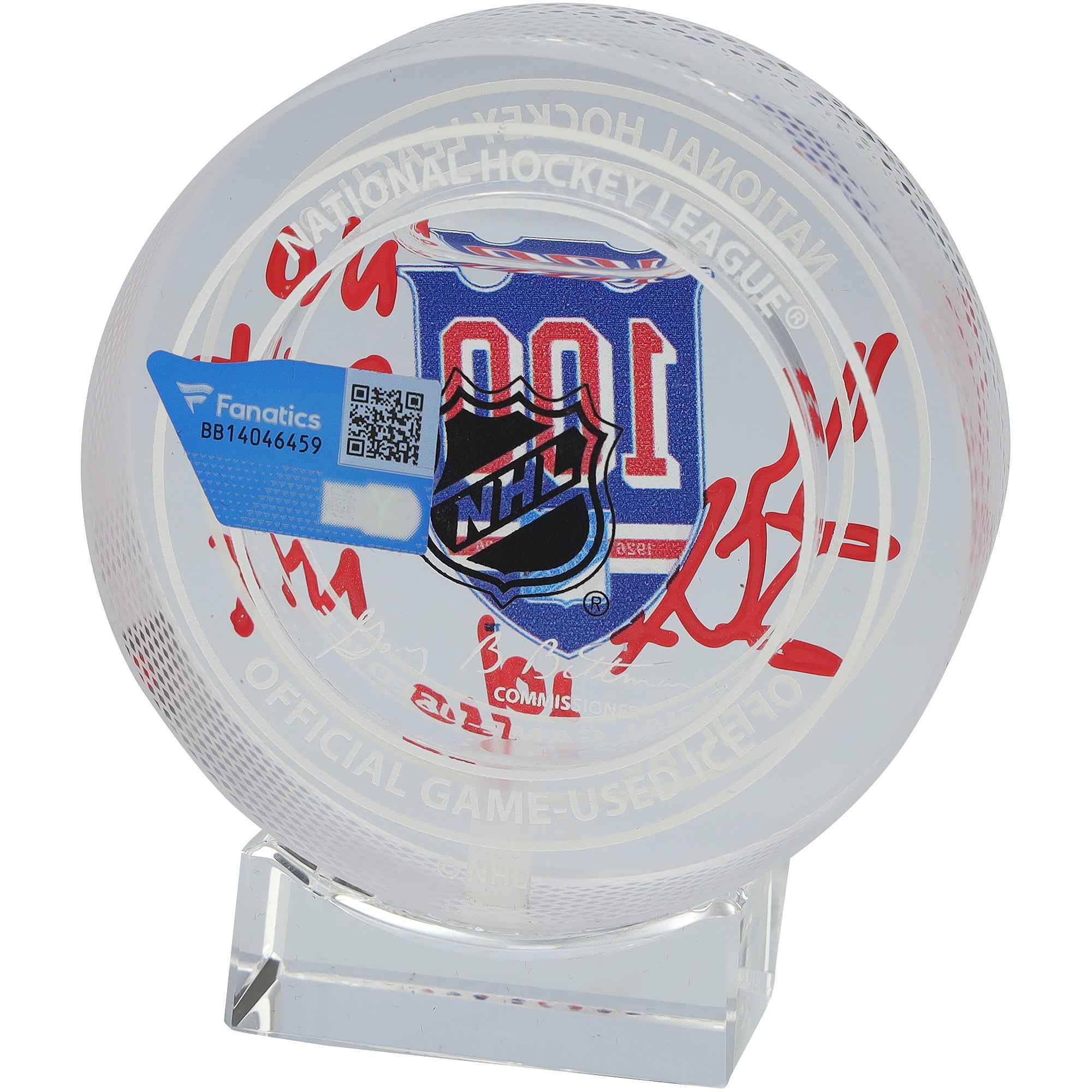 Henrik Lundqvist New York Rangers Autographed 100th Anniversary Crystal Puck with "No Quit in NY" Inscription - Filled with Ice from the 2025-26 Season