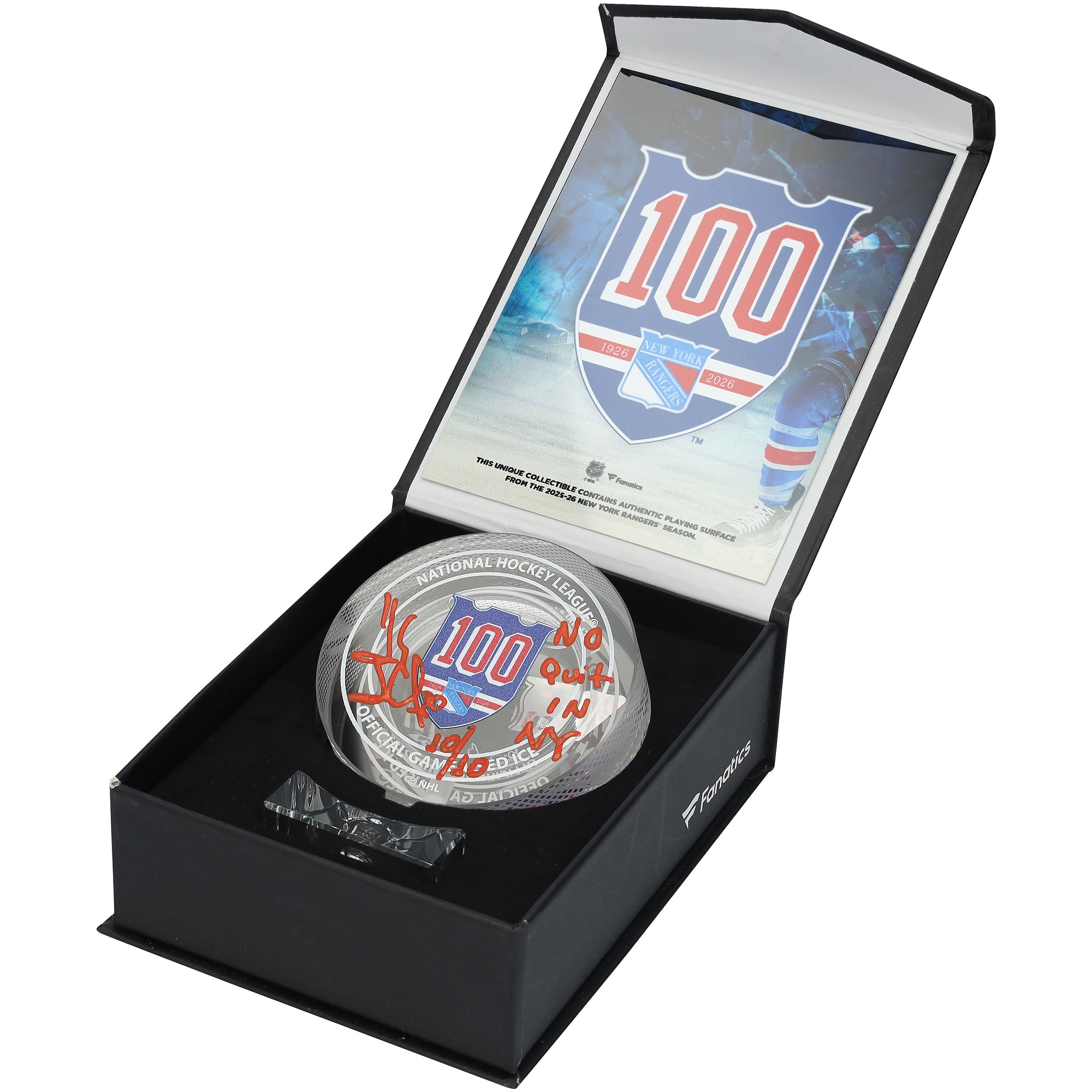Henrik Lundqvist New York Rangers Autographed 100th Anniversary Crystal Puck with "No Quit in NY" Inscription - Filled with Ice from the 2025-26 Season