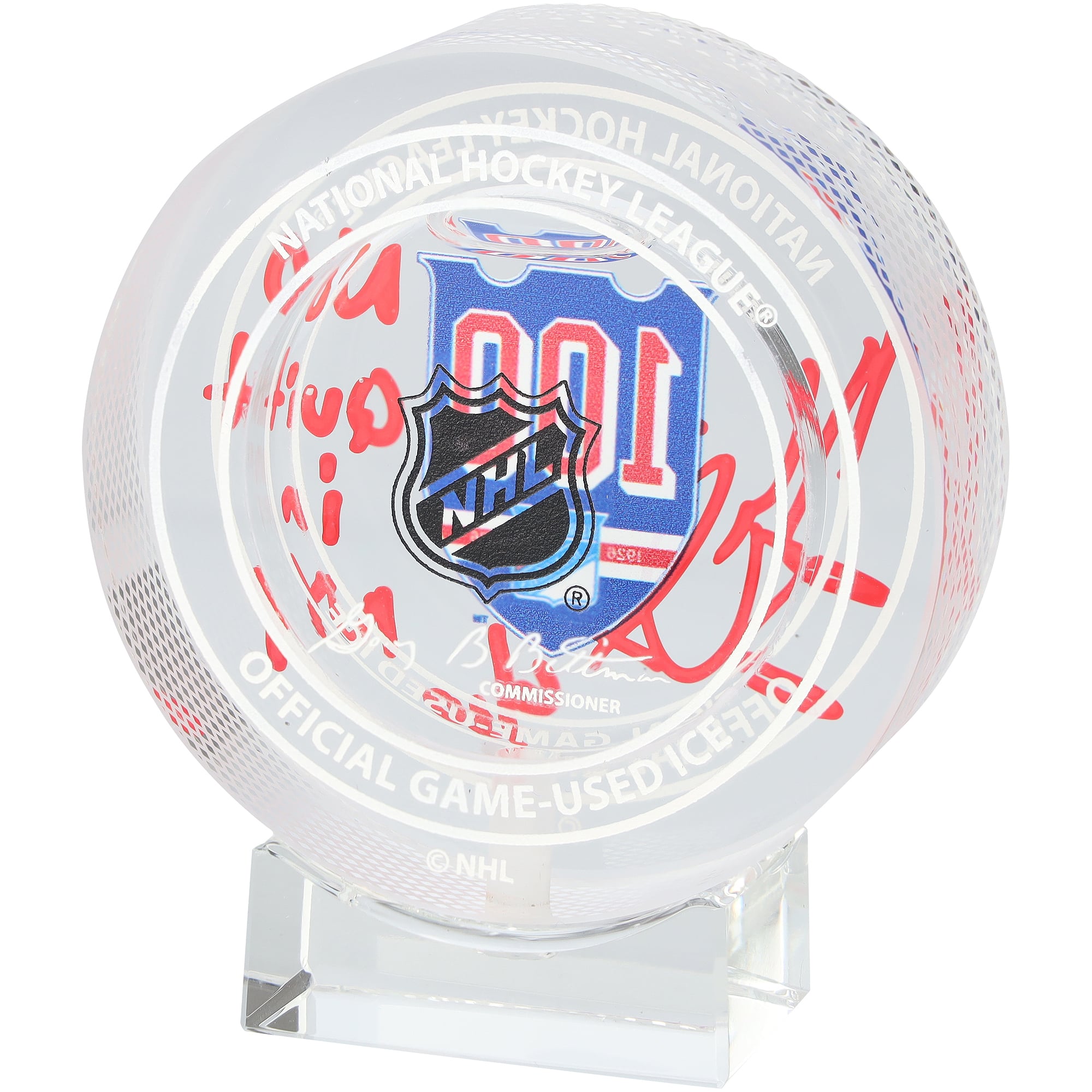 Rondelle de cristal autographiée par Henrik Lundqvist des Rangers de New York, commémorant le 100e anniversaire de la saison 2025-2026, avec l'inscription « No Quit in NY » - Remplie de glace - Édition limitée à 10 exemplaires