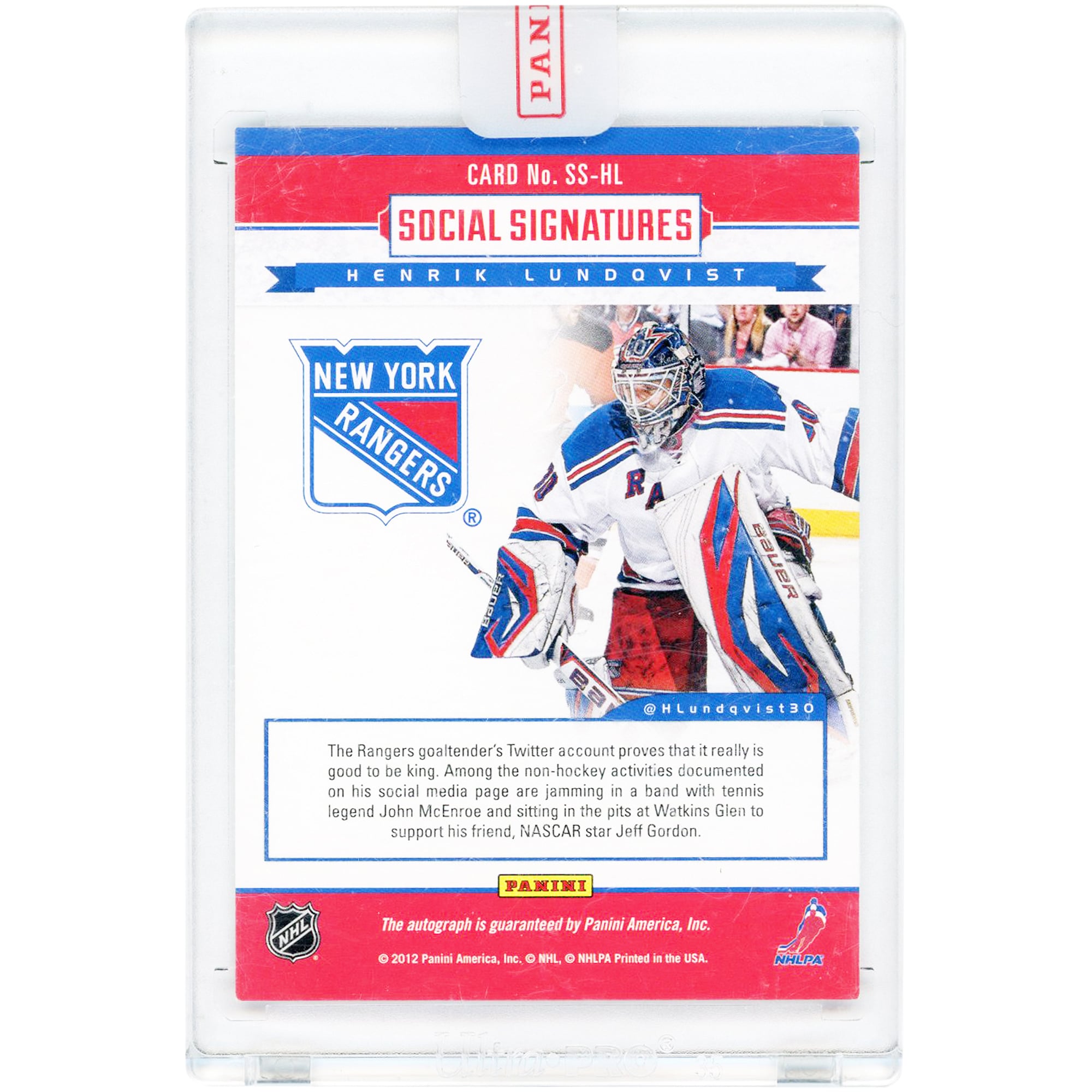 Henrik Lundqvist New York Rangers Autographed 2012 Panini Social Signatures #SS-HL Card with "@Hlundqvist30" Inscription