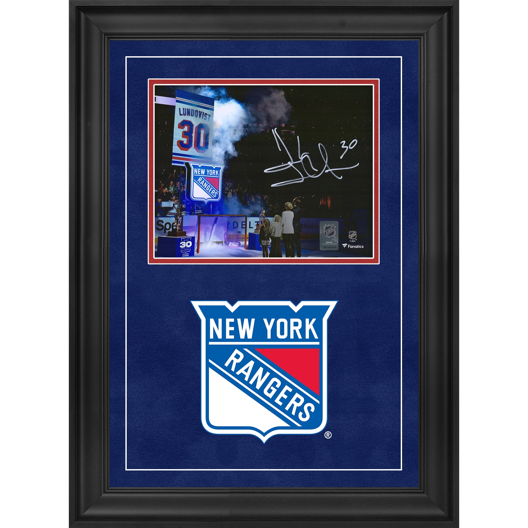 Henrik Lundqvist New York Rangers Autographed Deluxe Framed 8" x 10" Banner Raising Photograph