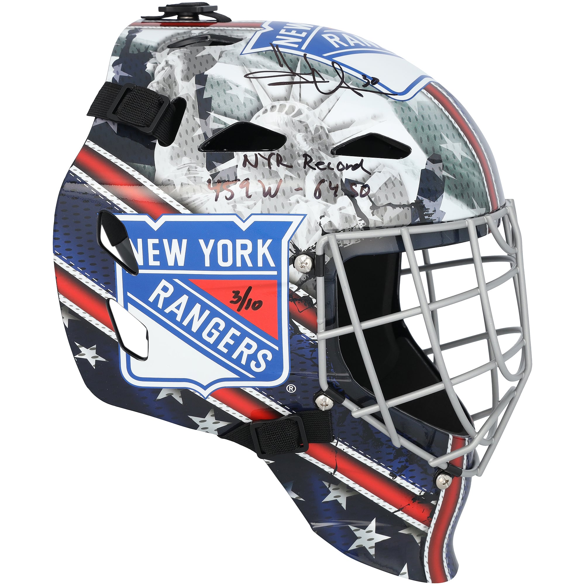 Masque de gardien de but réplique autographié par Henrik Lundqvist des Rangers de New York, avec inscription « NYR Record 459W-64SO » - Édition limitée à 10 exemplaires
