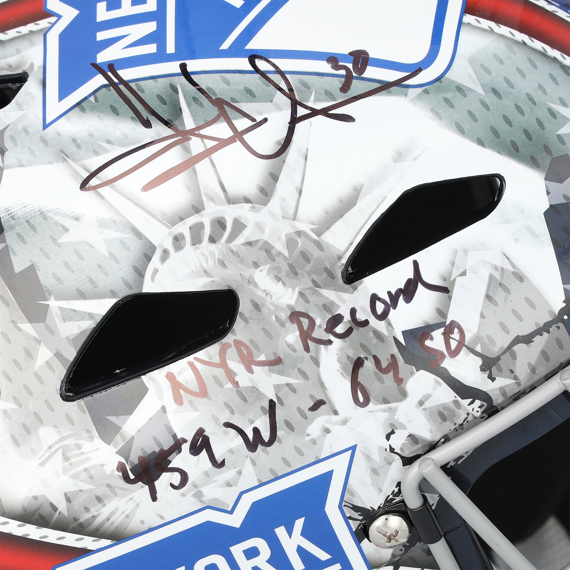 Masque de gardien de but réplique autographié par Henrik Lundqvist des Rangers de New York, avec inscription « NYR Record 459W-64SO » - Édition limitée à 10 exemplaires