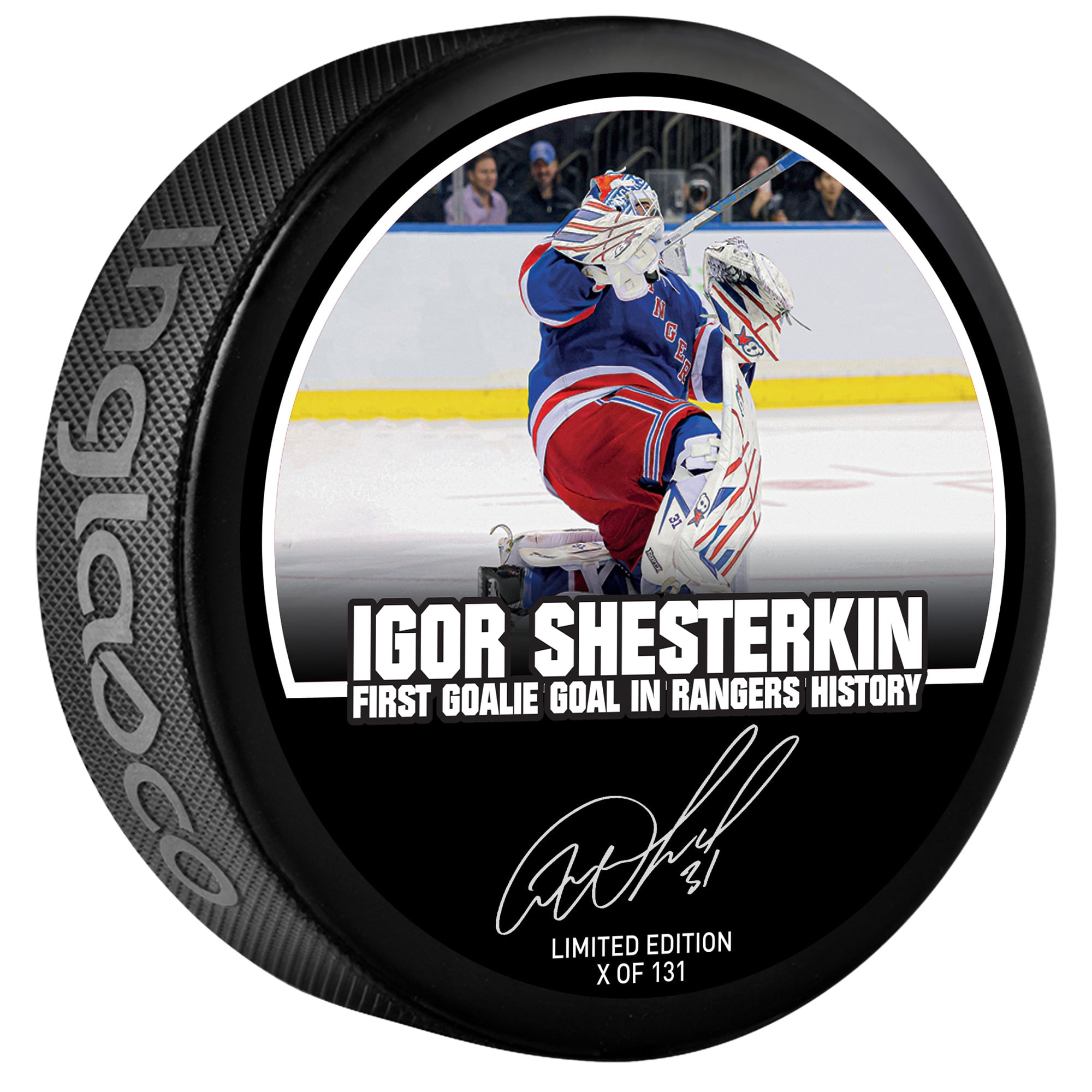 Igor Shesterkin New York Rangers Autographed 1st Goalie Goal in Franchise History Hockey Puck - Limited Edition of 131