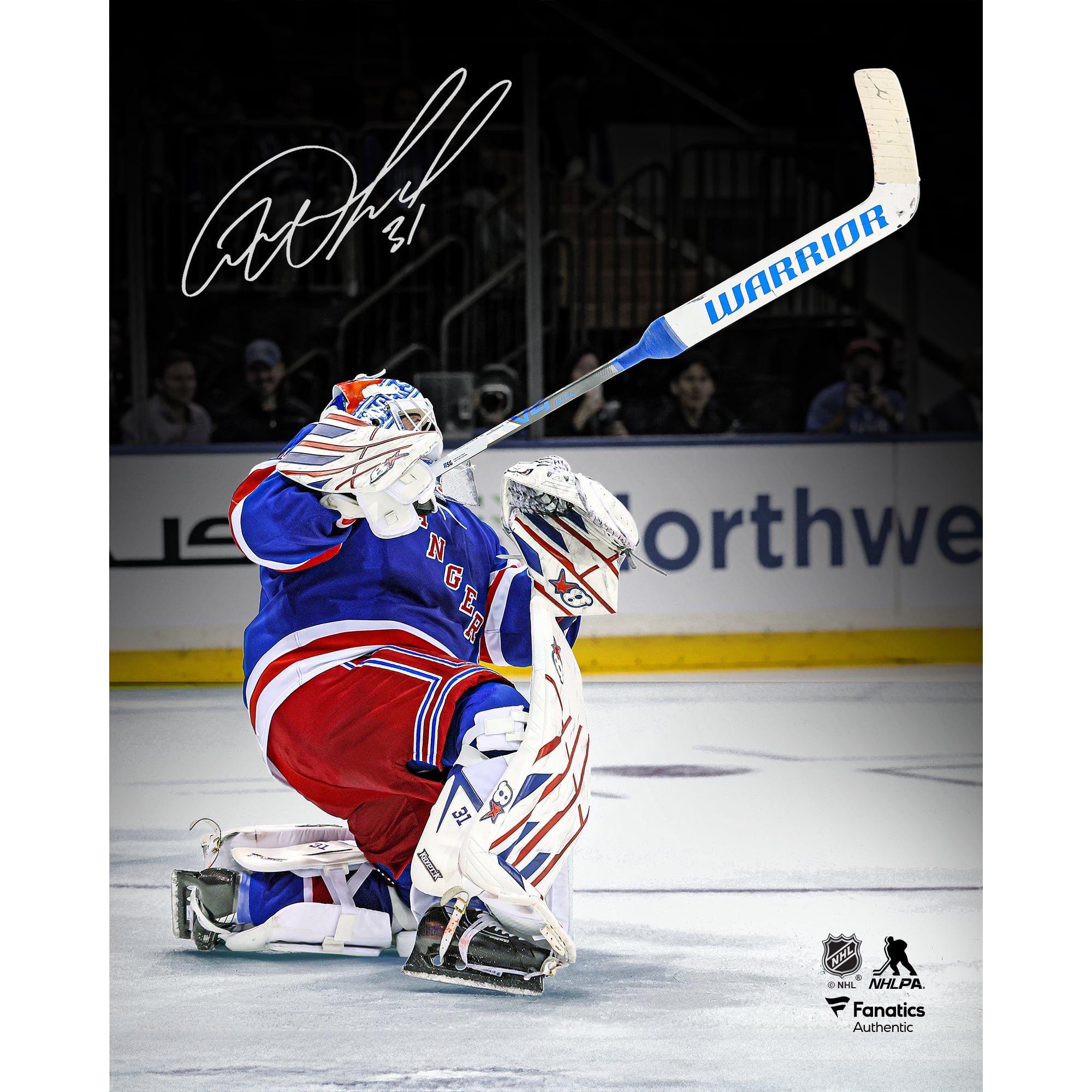 Photo dédicacée d'Igor Shesterkin, gardien de but des Rangers de New York (8 x 10 pouces), prise en plein tir.