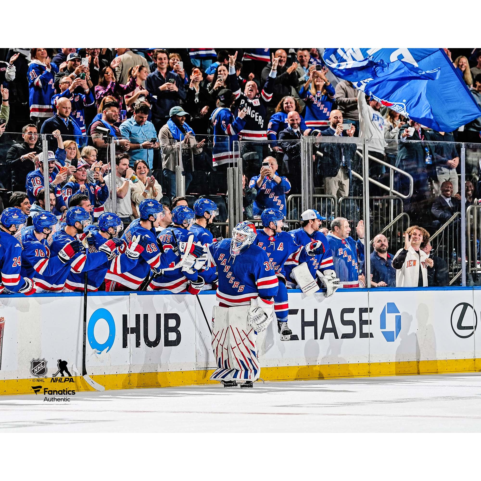Photo de célébration du premier but d'un gardien des Rangers New York, non signée